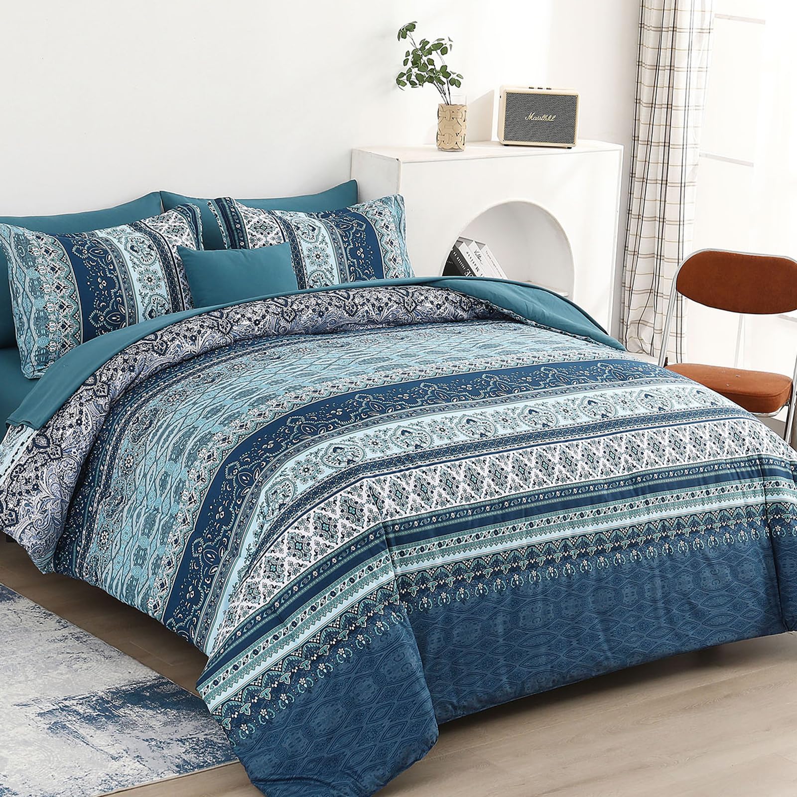 WONGS BEDDING Bohemian Double Duvet Cover Set Navy Blue Colorful Boho Striped Bedding Set including 2 Pillowcases Soft Microfiber Moroccan Quilt Cover 200x200cm - Image 3