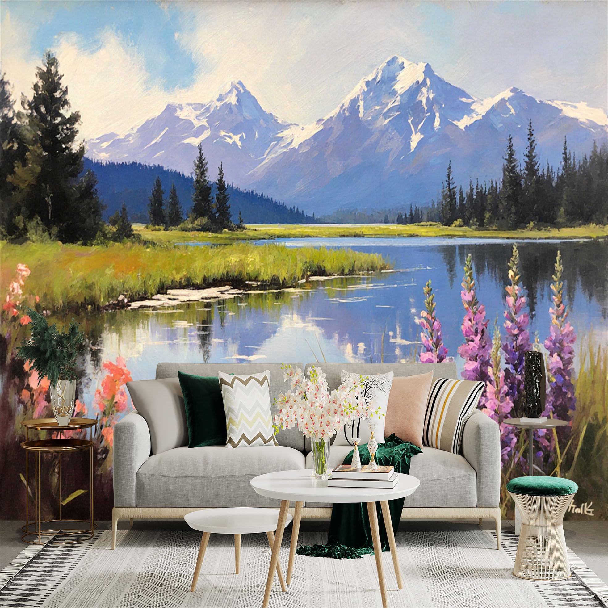 Lnzczhyre Xc260505940 Custom Size Wall Sticker Mural， Oil Painting Of Snowy Mountains， Tranquil Lake With Wildflowers， Scenic Alpine Landscape， For Wall Decoration， Peelandstick Wall Decals.