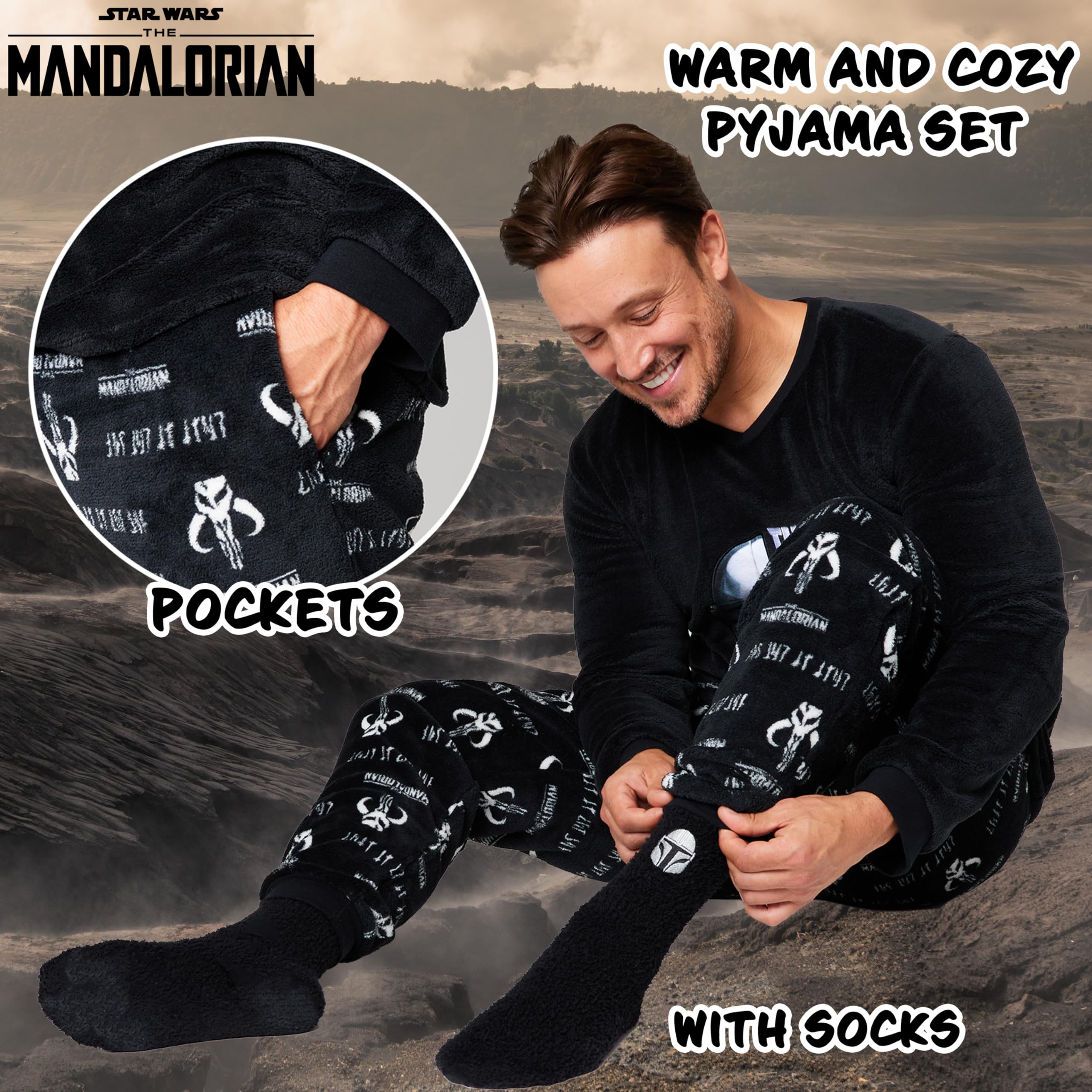 Disney The Mandalorian Pijama Hombre - Conjunto Pijama Hombre Invierno de Polar y Calcetines Suaves de Casa Tallas M-2XL