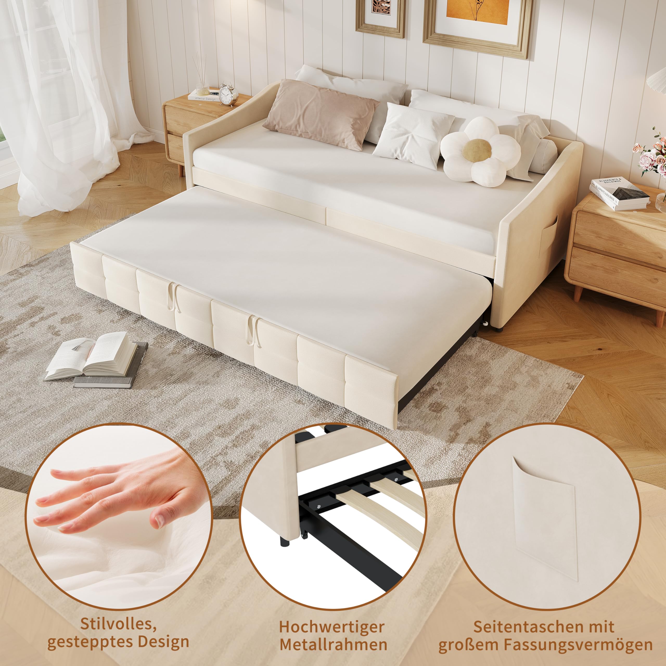 PerGar Sofá cama 90/180 x 200 cm, cama extensible con somier de láminas de madera, sofá cama con cajón, cama nido, cama individual/doble, cama multifunción, franela, sin colchón (color crema)
