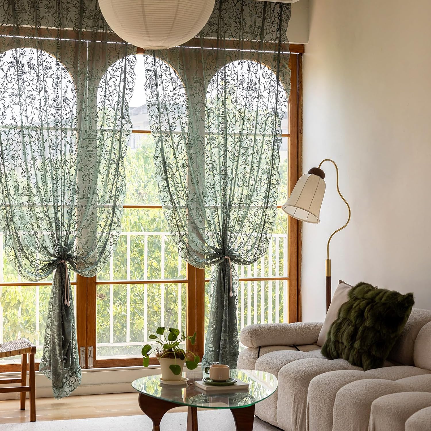 TUDECO Olive Green Sheer Curtains 84 Inch Long - Rustic Country Green Lace Curtains for Living Room Tulle Floral Ruffle Privacy Spring Decor Light Filtering 2 Panels, 59 x 84 Inch