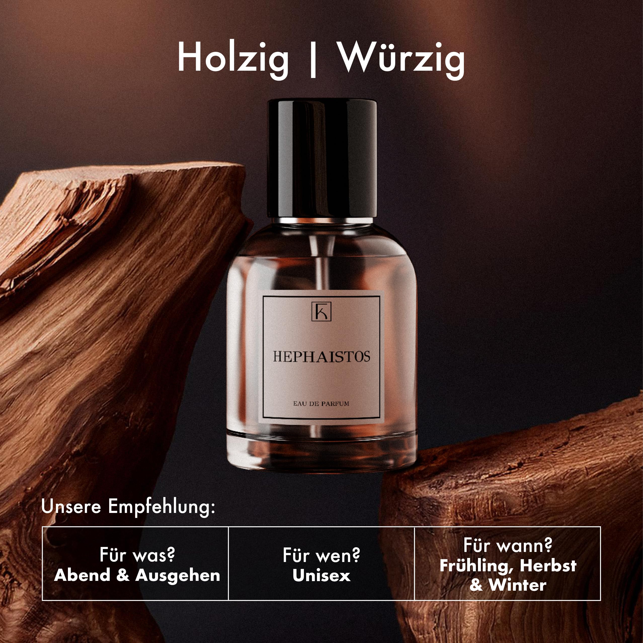 KAZAAR - HEPHAISTOS - 50ml - Eau de Parfum für Herren - Holzige Duftnoten von Sandelholz, Tonkabohne & Oud - mit 20% Parfümöl bis zu 8h lang anhaltender Duft - aus Schweizer Manufaktur