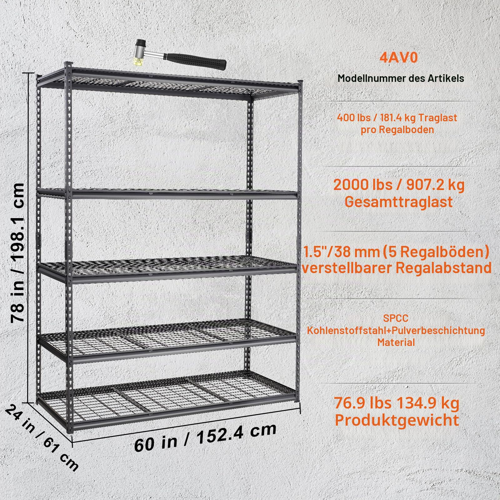 VEVOR Lagerregal 5-stufig verstellbar 907,2 kg Kapazität Garagenregale, Metall-Organizer Drahtregal schwarz 152,4 x 61 x 198,1 cm für Küche, Speisekammer Keller Badezimmer Wäscheschrank