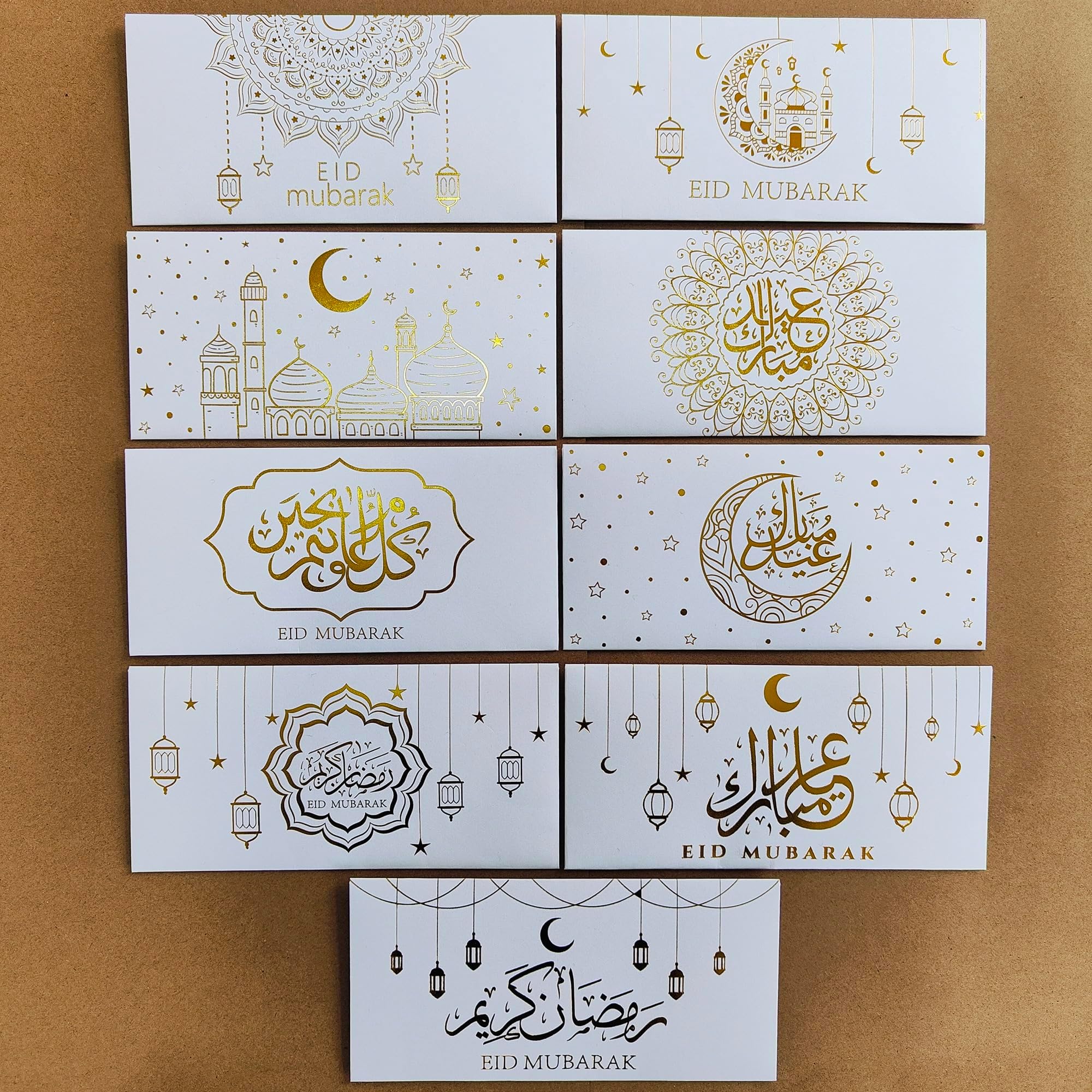 Eid Al-Fitr Gilded Money Envelopes, 27 Pieces, 9 Patterns, Ramadan Mubarak Design, Gold Foil Cash Holders for Eid Gifts (White)