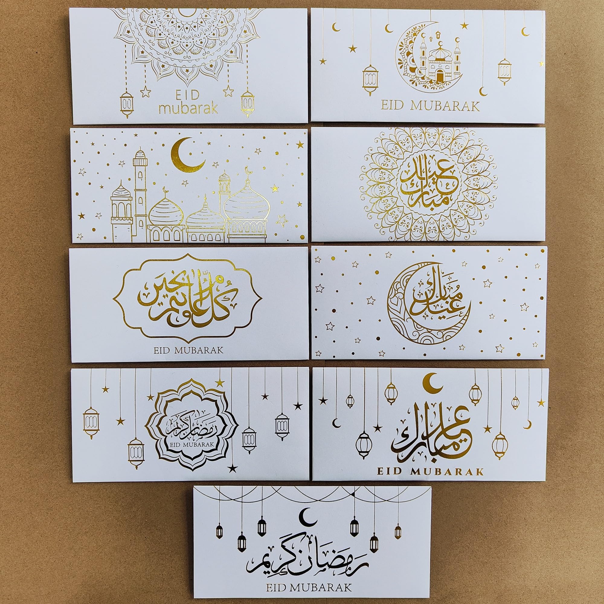 Eid Al-Fitr Gilded Money Envelopes, 27 Pieces, 9 Patterns, Ramadan Mubarak Design, Gold Foil Cash Holders for Eid Gifts (White)
