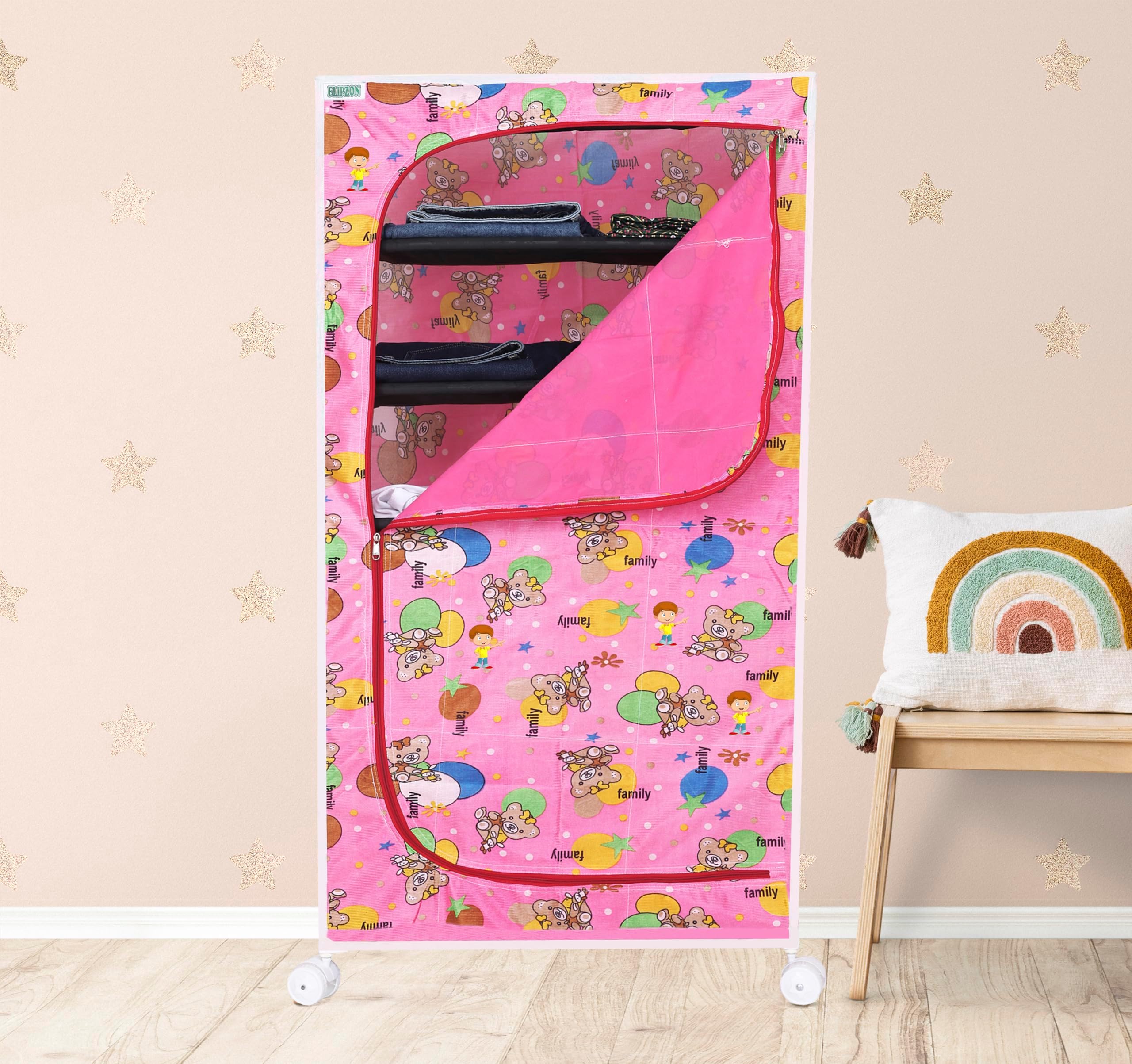 Multipurpose 6 Shelve Baby Wardrobe, (Fabric Shelves) - Pink