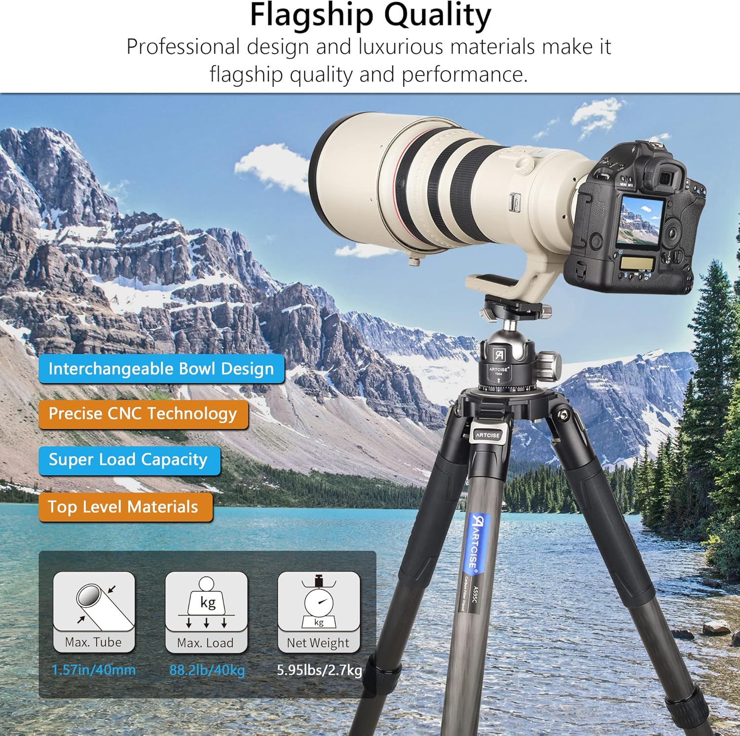 82" Carbon Fiber Bowl Tripod Heavy Duty Camera Tripod with 75mm Bowl and Adapter, 10 Layers Carbon Fiber 1.57" /40mm Leg Tube, Ultra Stable Professional Camera Tripod, Max Load 88Lbs/40kg (AS95C)