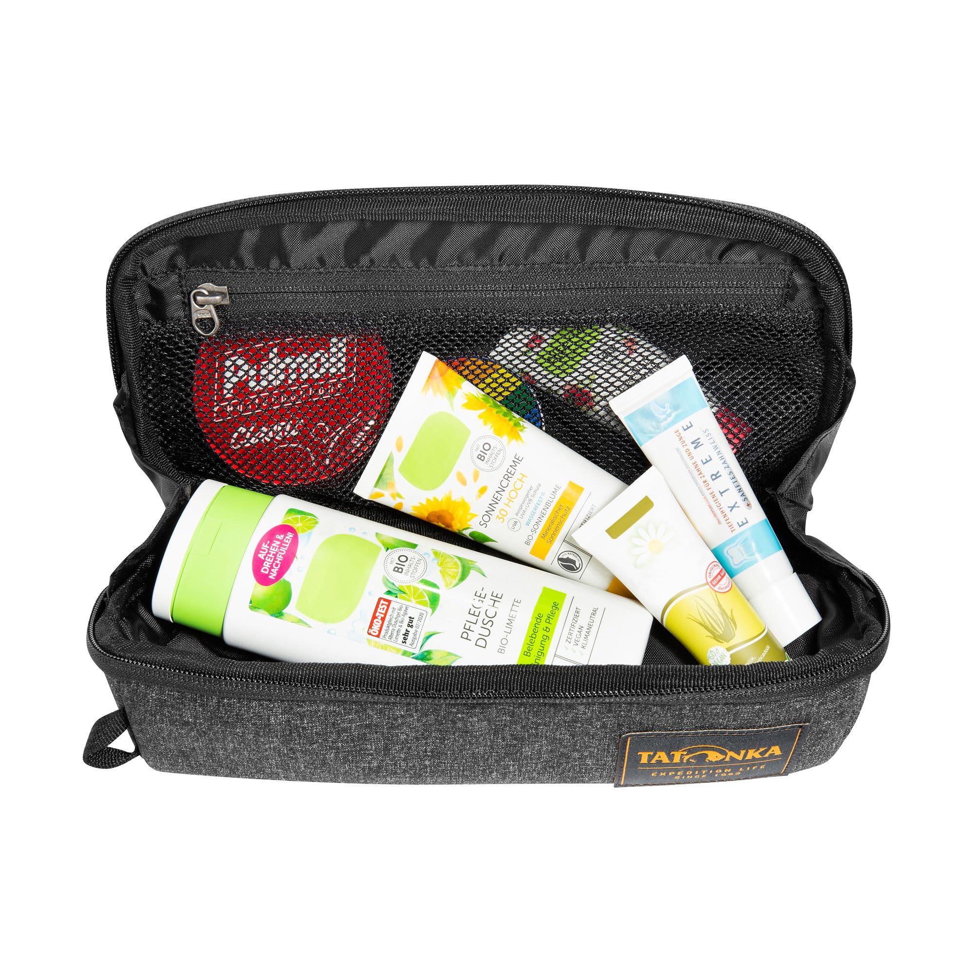 Tatonka Kosmetyczka Square Zip Pouch M (2 l) – rozkładana torba na pranie z 2 kieszeniami siatkowymi na zamek błyskawiczny, bez PFC/PFS – 10 x 25 x 9 cm (czarna)