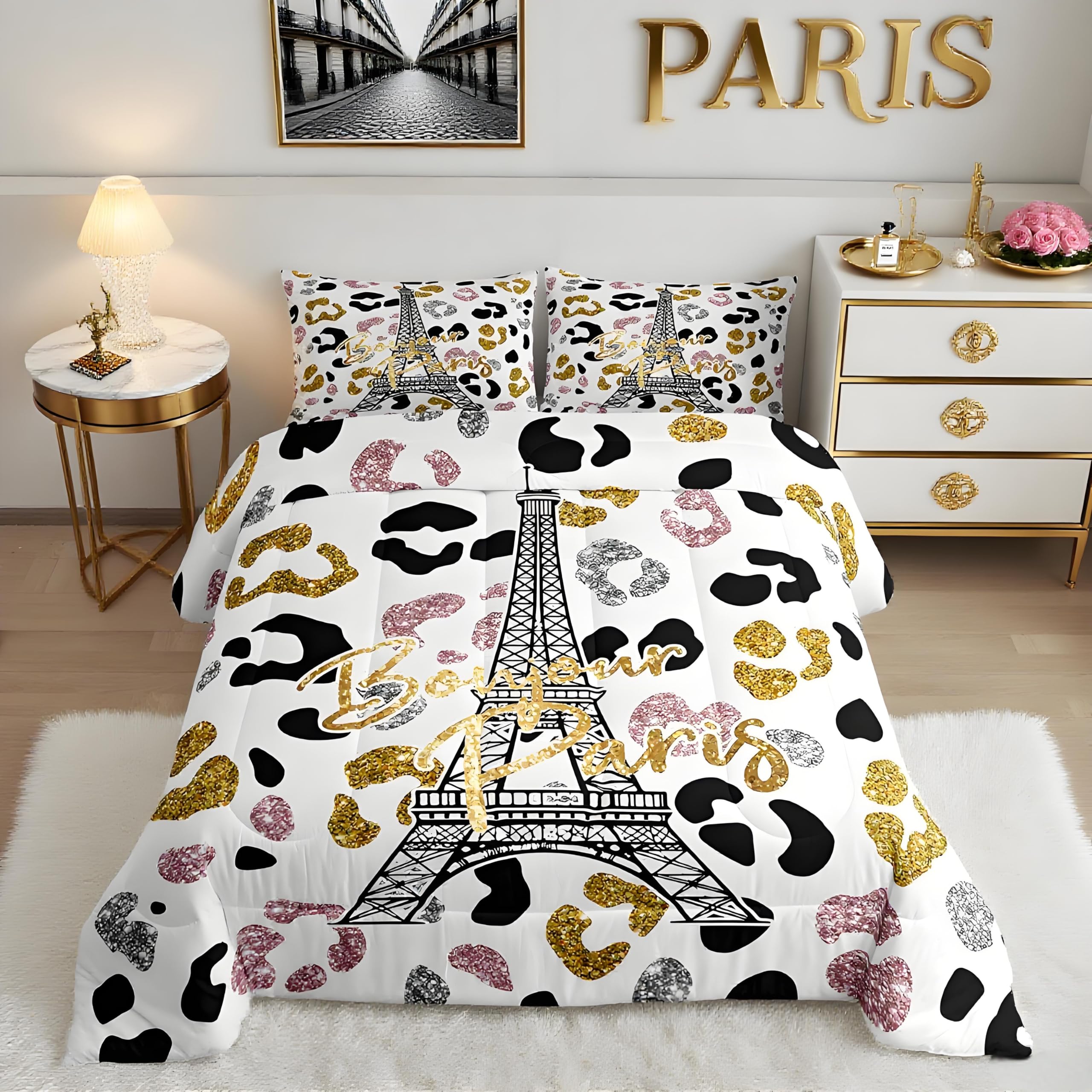 Feelyou Eiffel Tower Comforter Set Leopard Print Bedding Set for Kids Boys Girls Paris Tower Comforter Cheetah Print Quilt Set 1 Comforter Set with 1 Pillowcase Twin Size