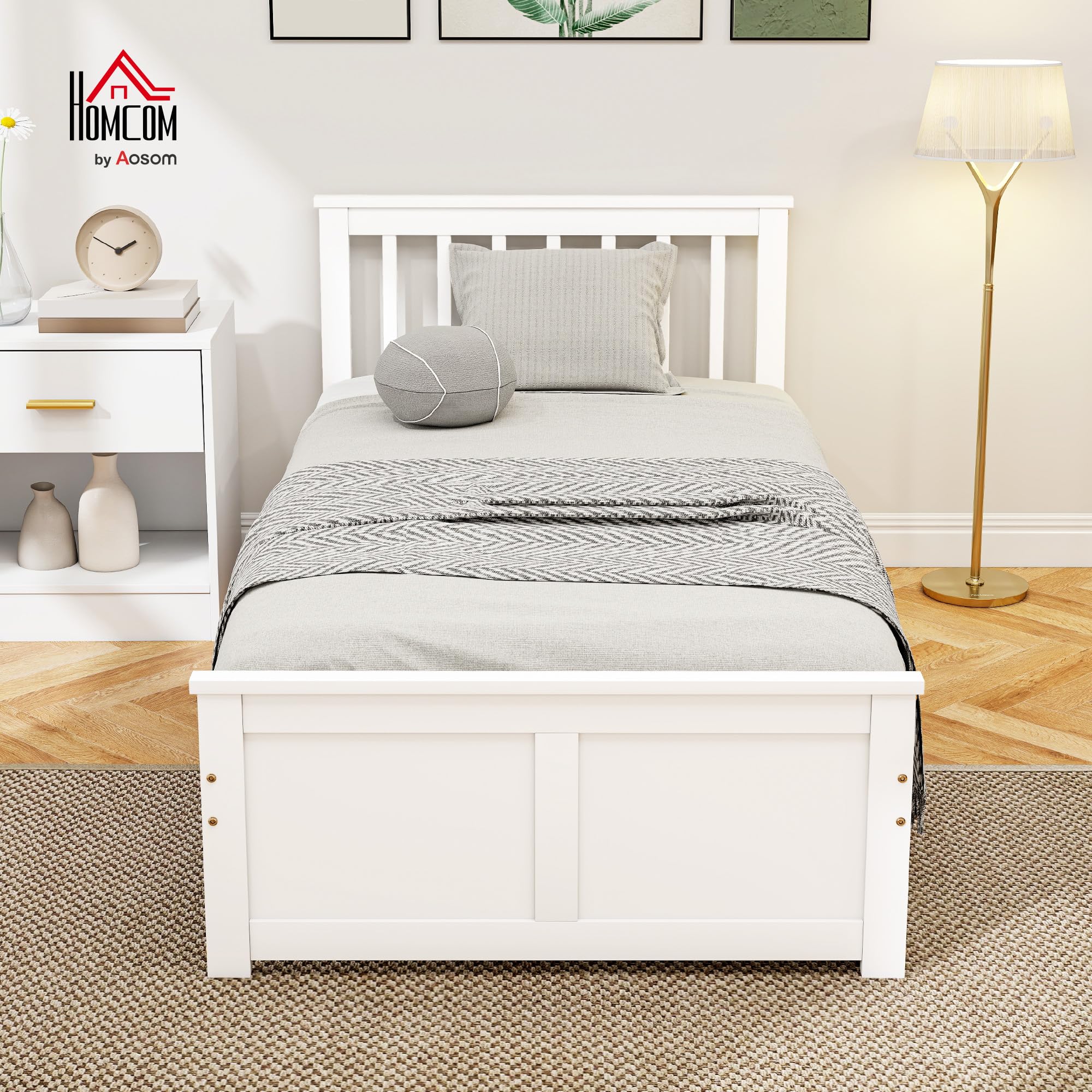 HOMCOM Cadre de Lit 90x190cm en Bois Massif Lit Coffre 2 Tiroirs Blanc