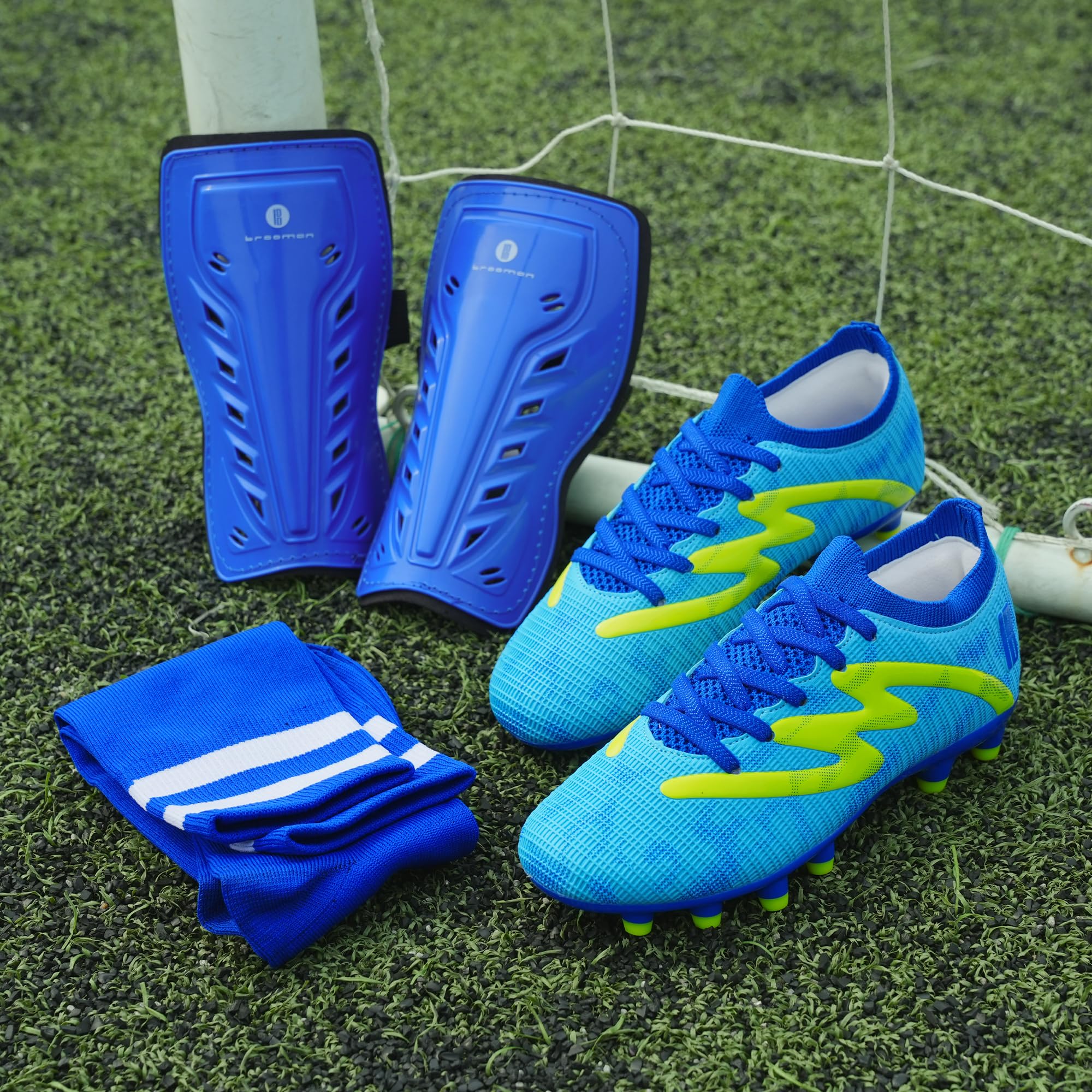 JABASIC Kinder Fußballschuhe fürFirm Ground Jungen Mädchen Fußballschuhe mit Schienbeinschutzen und Fußballsocken