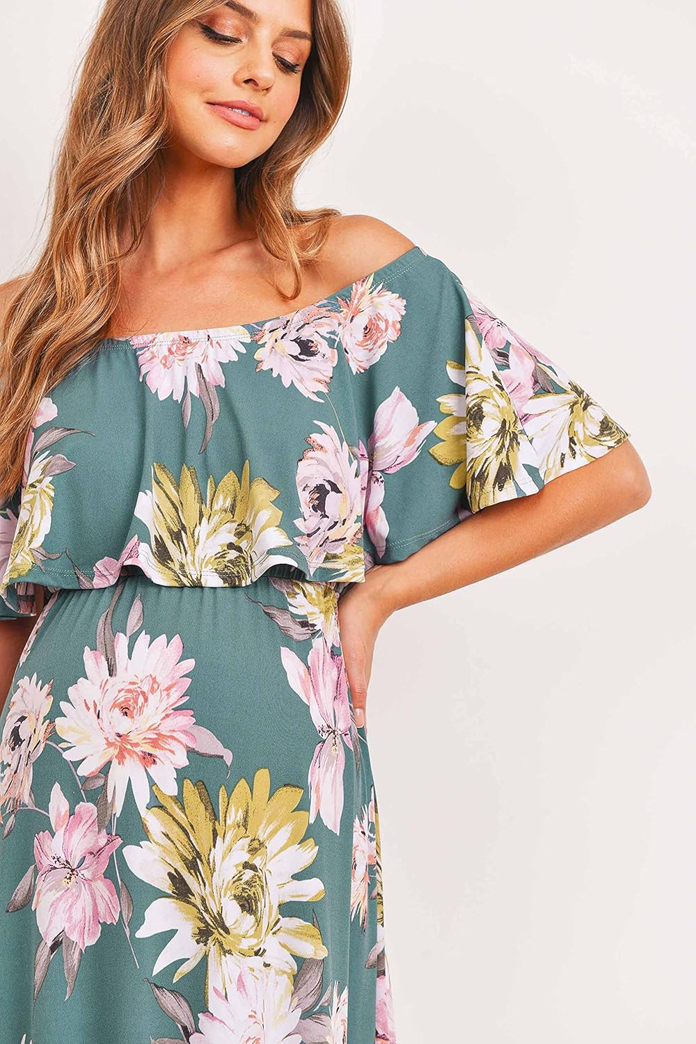 Women's Off Shoulder Ruffle Maxi Maternity Dress (Teal Green/Mauve Flower, Medium)