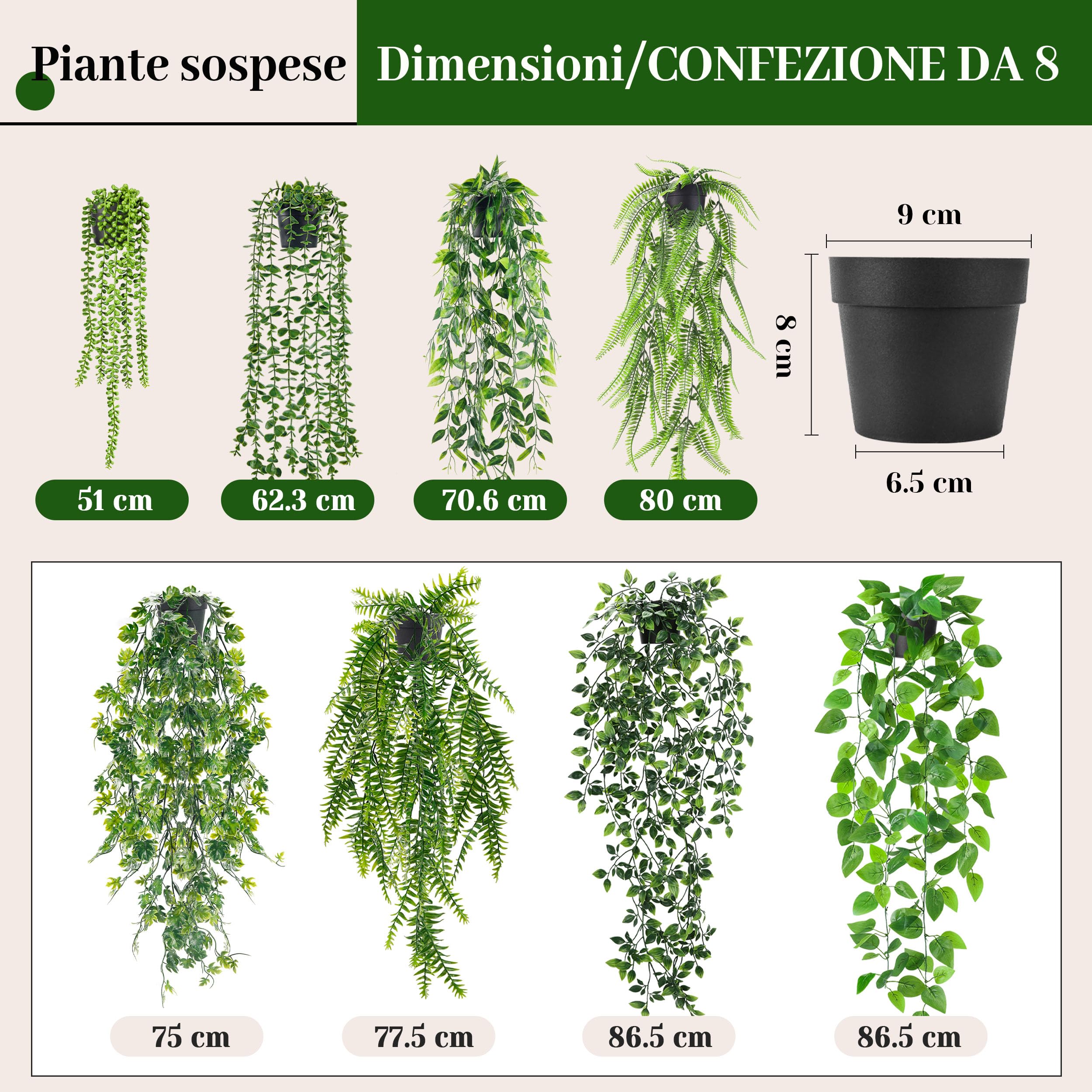 Der Rose 8 piante finte da appendere, edera rampicante artificiale, eucalipto, piante da appendere per la casa, stile bohémien, mensola da parete, decorazione per interni ed esterni (vasi neri)