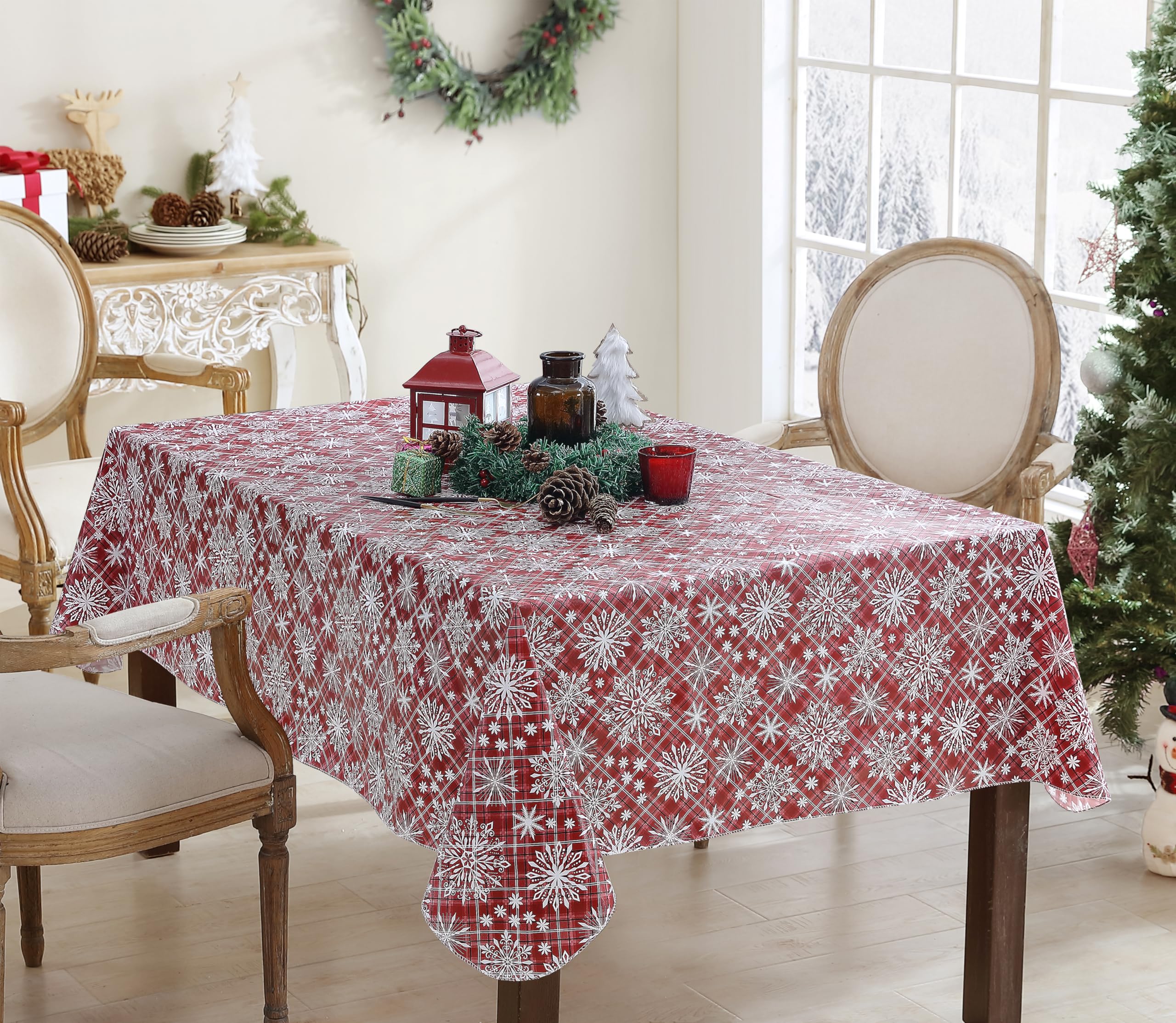 Newbridge Snowfall Snowflake Plaid Christmas Print Vinyl Flannel Backed Tablecloth Contemporary Snowflake Design Easy Care Wipe Clean Xmas Tablecloth, 52 Inch x 70 Inch Oblong/Rectangle, Red