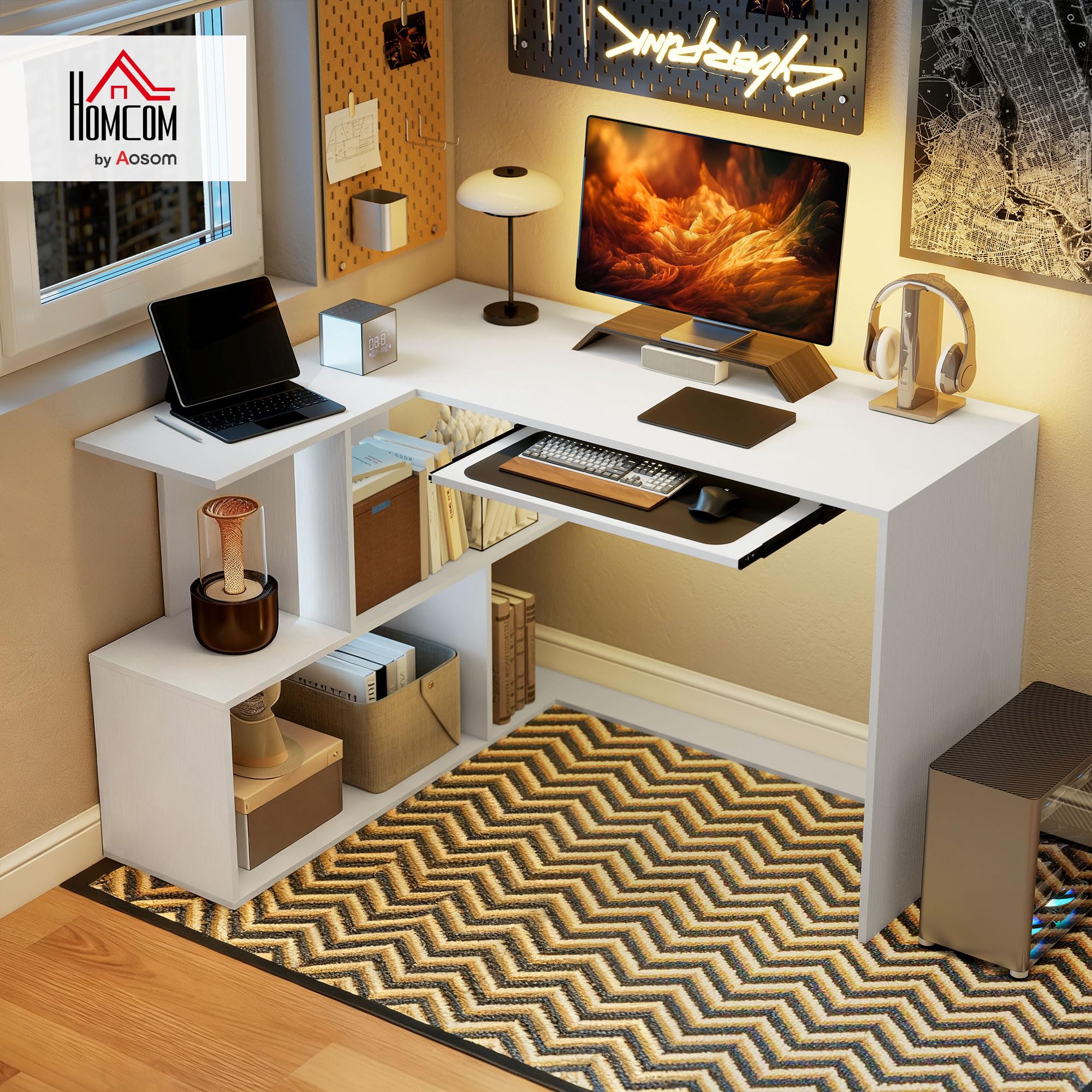 HOMCOM Scrivania Angolare, 120x100cm Scrivania ad Angolo con Ripiano Scorrevole per Tastiera e 4 Ripiani Portaoggetti, Tavolo Salvaspazio ad L per Computer, Ufficio, Studio, Camera da Letto, Bianco