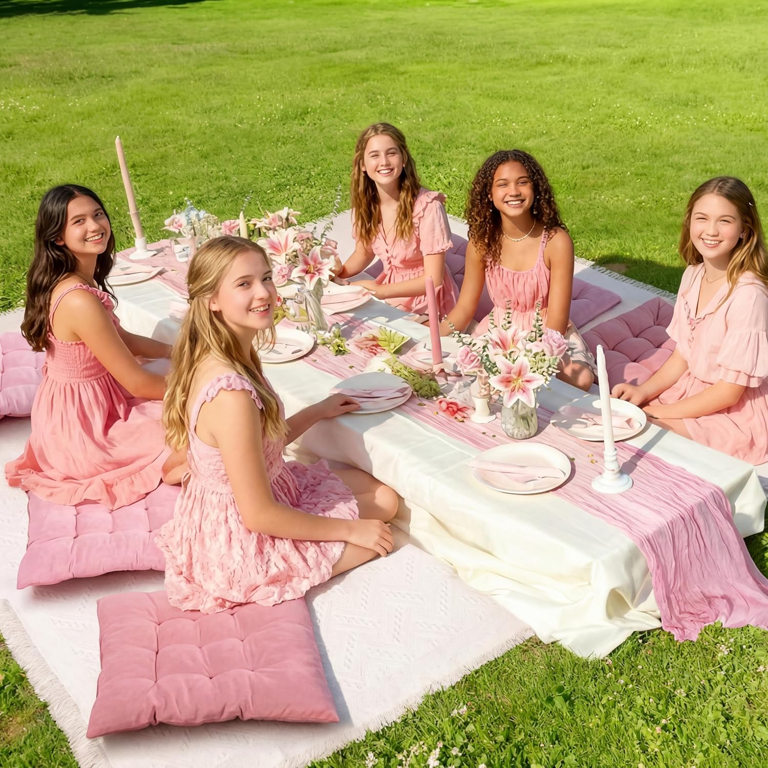 Extra Large Outdoor Picnic Blanket with Table Runner and Floor Pillow Cushion for Picnic Wedding Birthday Baby Shower Backyard Decor(91 x 71'',Pink,8 Pcs)