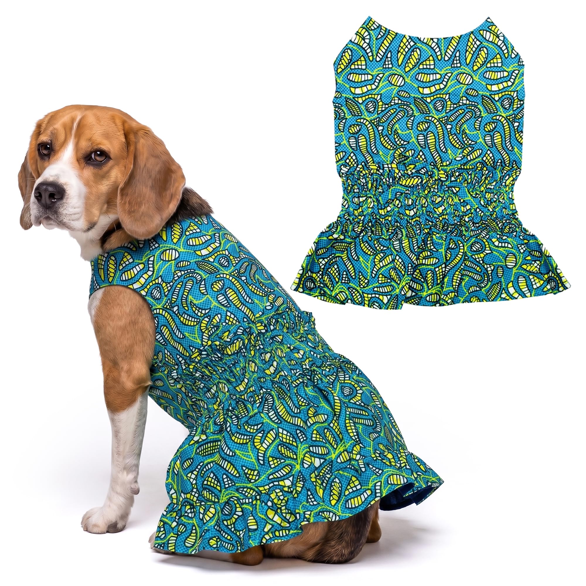 Parisian Pet Tribal Dog Dress - Summer Clothes for Large Dogs Girl - Ruched Waist Pet Dress - Stylish Printed Beach Dog Outfit - Lightweight Puppy Clothes - Sleeveless Dresses for Dogs