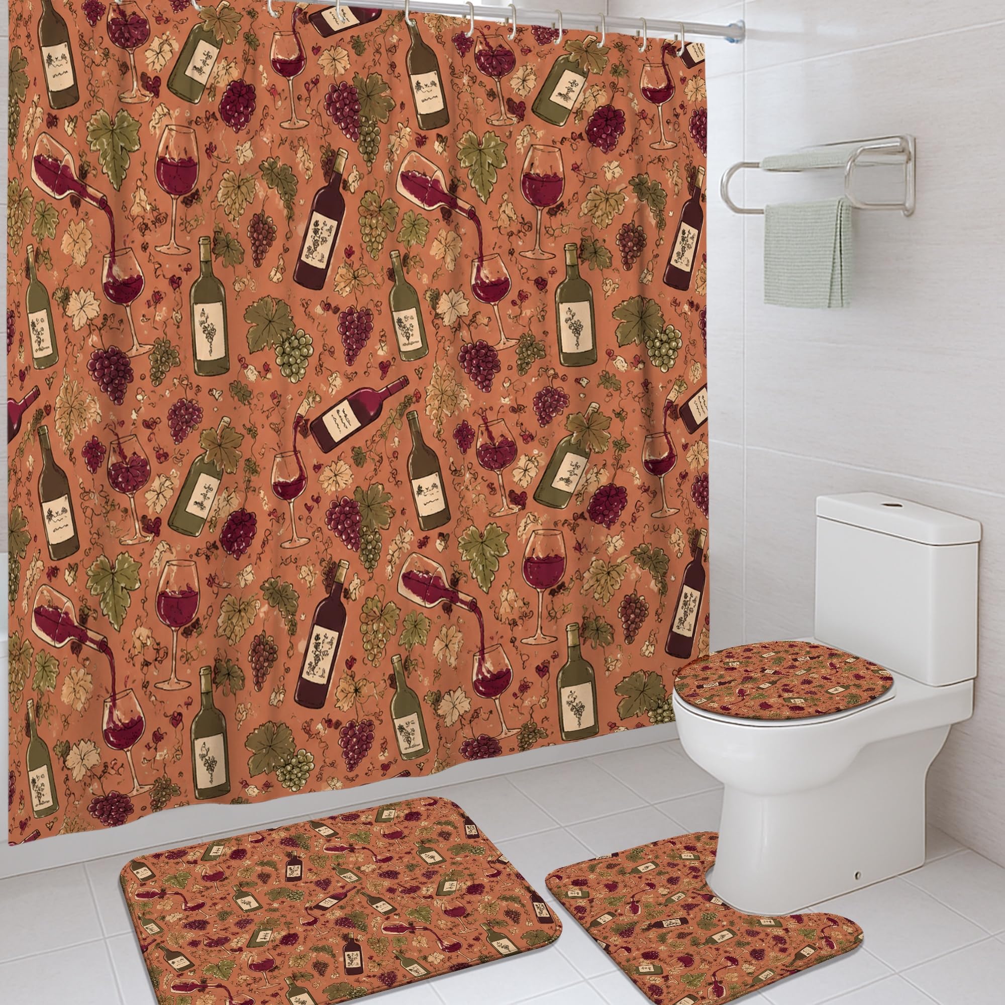 Rideau de douche haut de gamme en tissu imperméable imprimé vin rustique marron d'automne