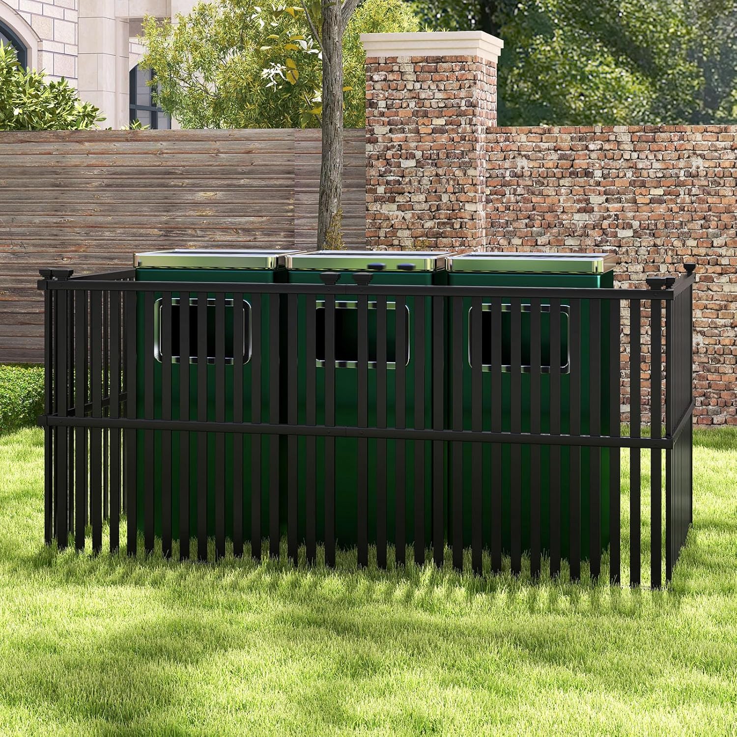 Happygrill 2 Panels Air Conditioner Fence, 45”W x 45”H Garden Fence, Vinyl Trash Can Pool Equipment Enclosure w/Metal Ground Stakes, Outdoor Privacy Fence Screen for Garden Patio Lawn AC Unit, Black