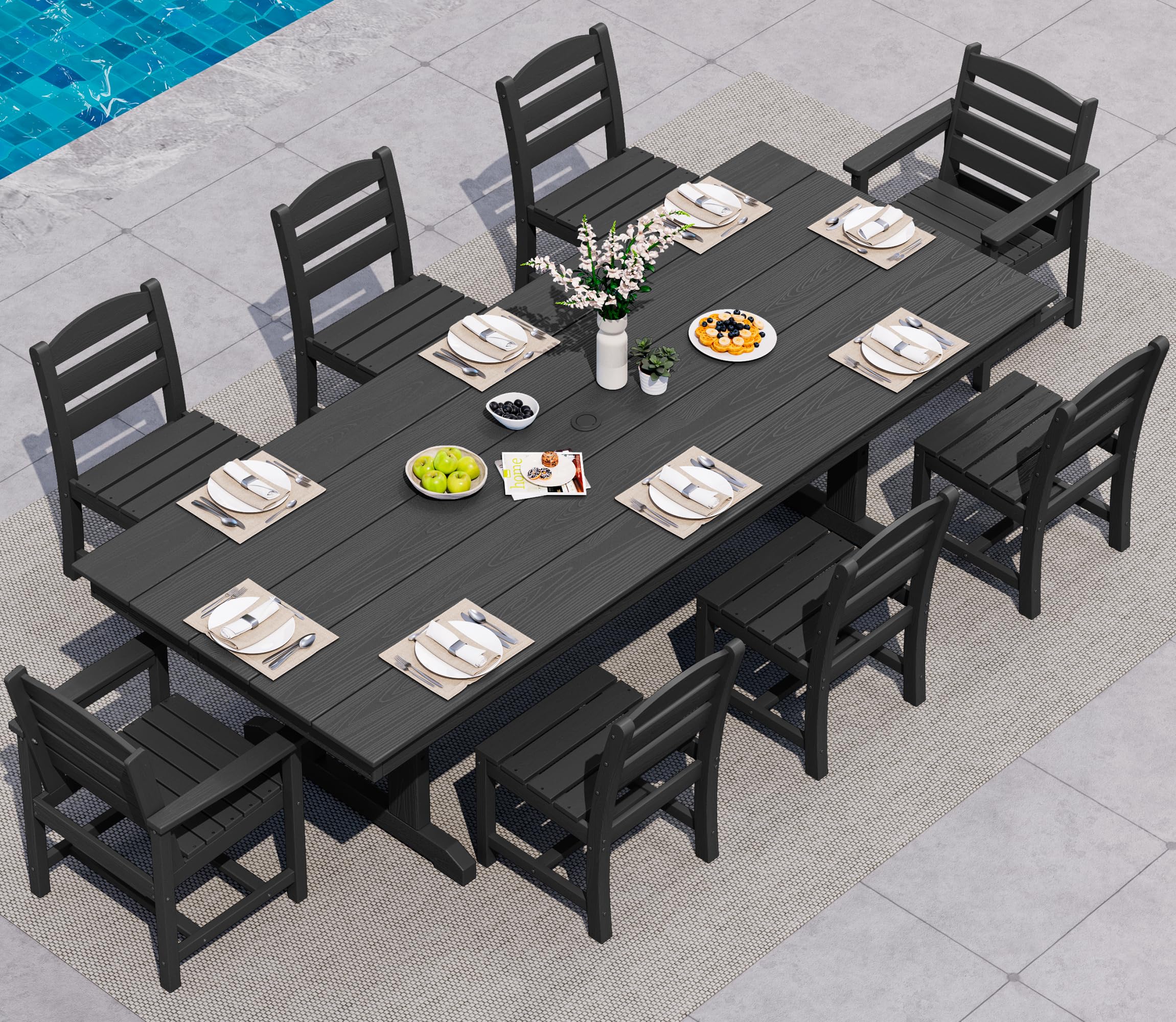 SERWALL 9Pcs HDPE Outdoor Dining Set w/6 Armless, 2 Armchairs for 8,Black