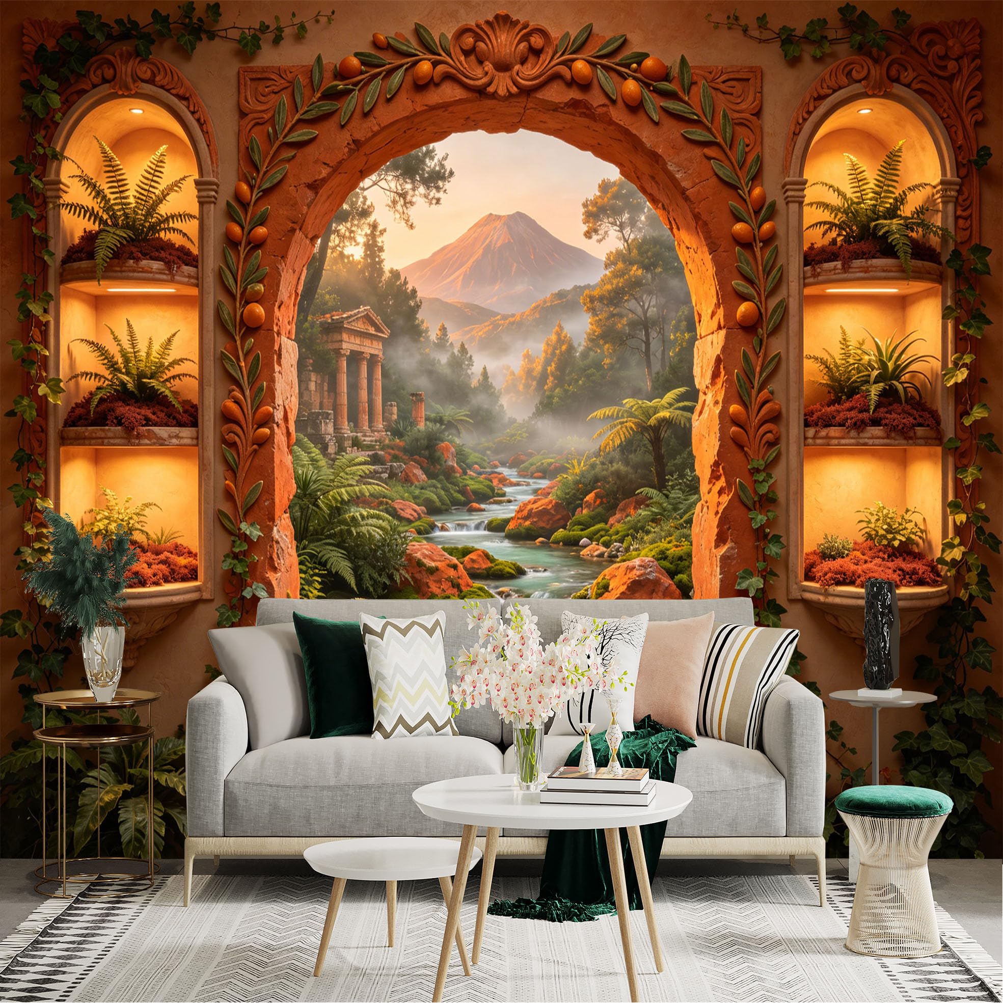 Lnzczhyre Dbh260521439 Custom Size Wall Sticker Mural， Mediterranean Stone Arch Window， Ancient Temple Ruins， Lush Mountain Stream， Tropical Forest Scenery， For Wall Decoration， Peelandstick Wall Decals.