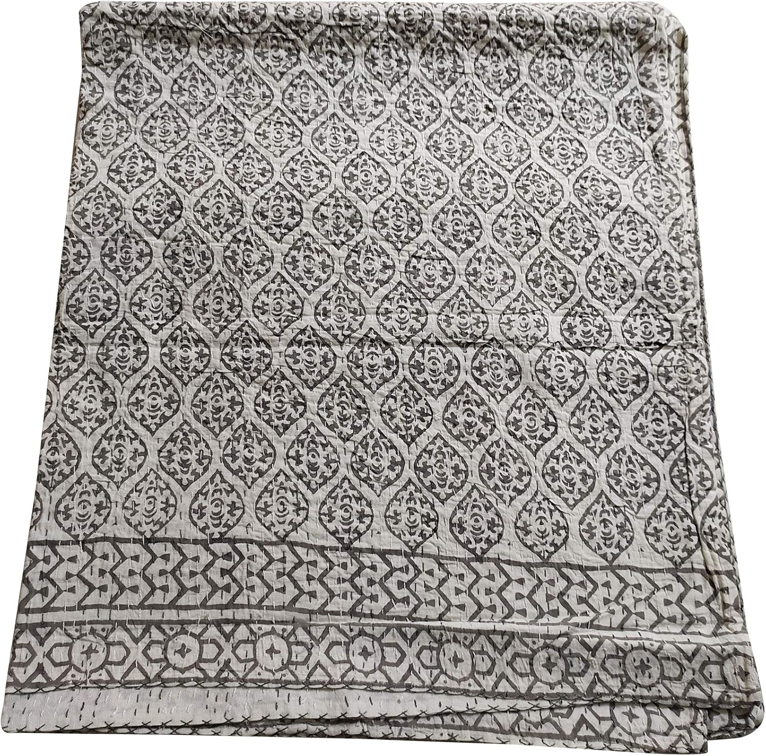 SILKGRAM Textiles Indian Hand Block Ikat Print Kantha Quilt Cotton Bedspread Queen Size Grey White Kantha Quilt