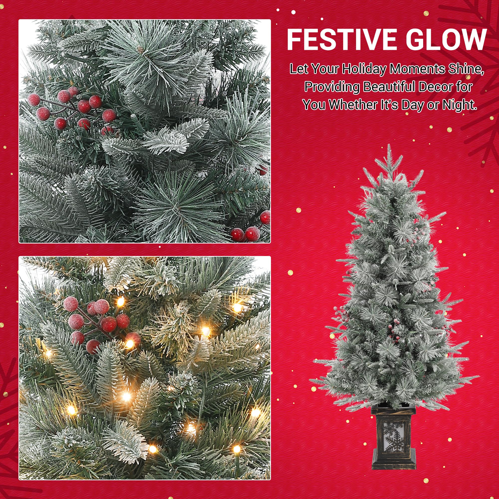 GarveeTech Schneebeflockter künstlicher Weihnachtsbaum 125 cm mit LED - 150 LEDs warmweiß/Mehrfarbig, 9 Modi, PVC-Zweige - EU-Stecker, Schneeflocken-Lichtbasis - 4ftH Frost Tree, Dual Color 8 Modes,