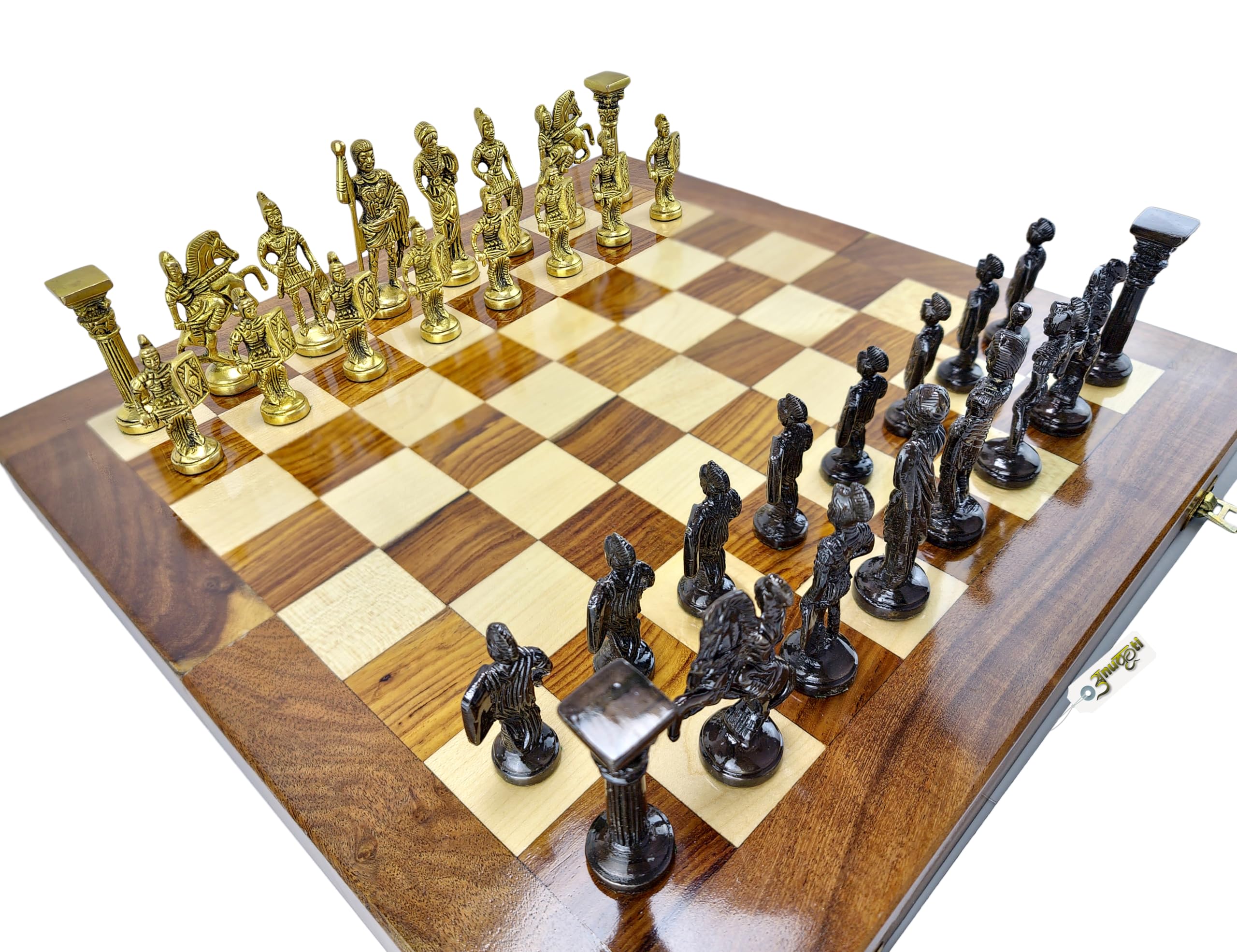 ANUKRITI Chess Set with Brass Sculpted Pieces in Ancient Roman Style with 16" Wooden Folding Board, Best for Home Decor, Gifting and Playing (Black & Yellow Antique)