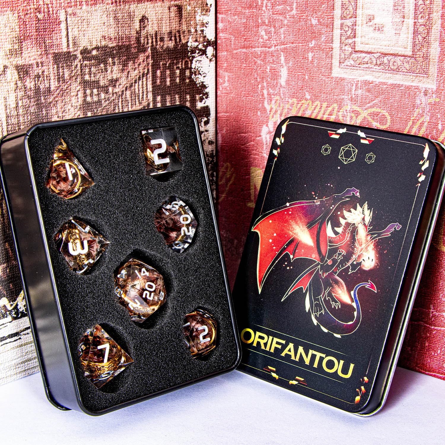 Set di dadi magici in resina con bordo affilato, con custodia, dadi poliedrici D20, D12, D10, D8, D6