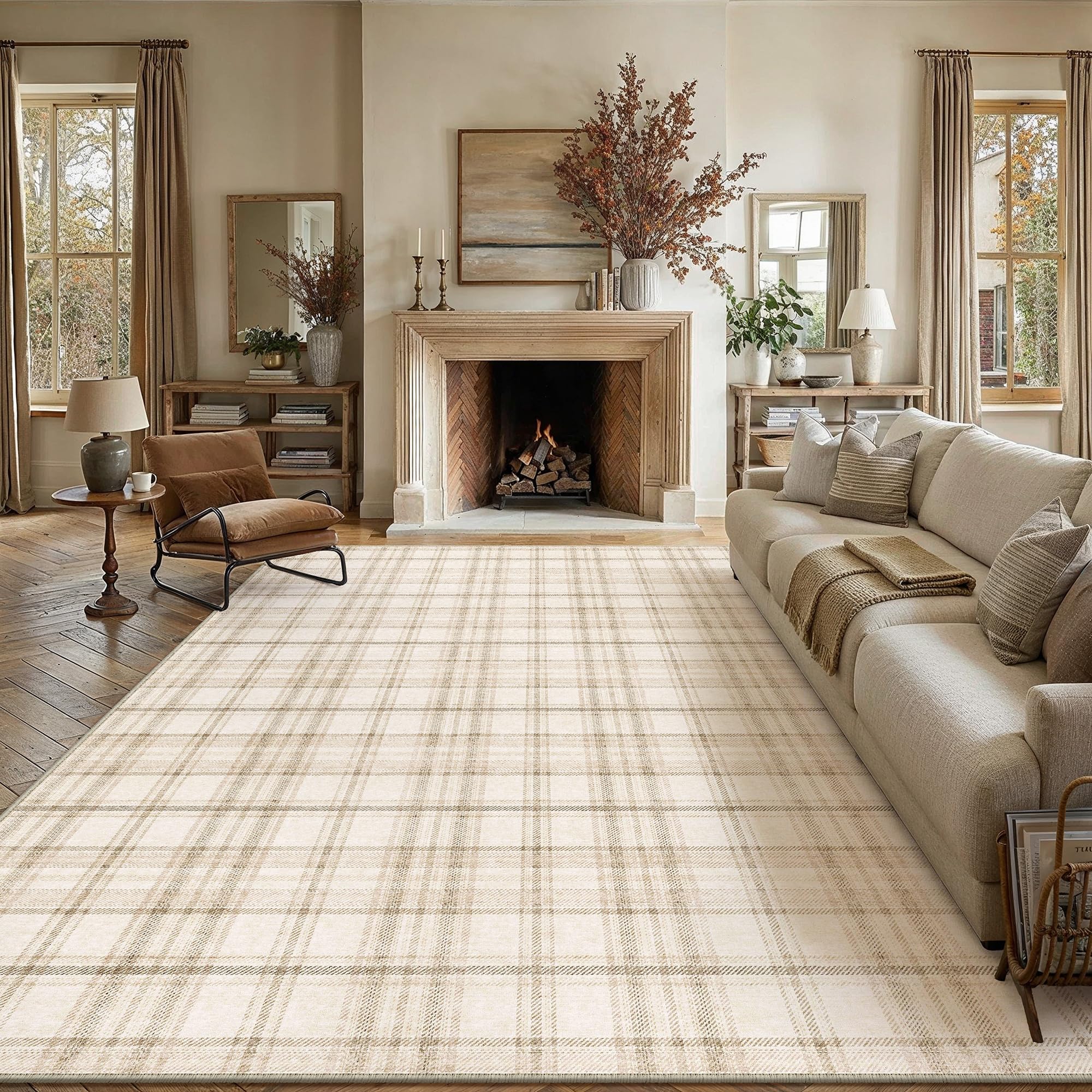 PureCozy Rugs Living Room 300x400cm Beige Non Slip Washable Large Area Rug Dining Room Bedroom Office Lounge Laundry Carpets Indoor Modern Geometric Soft Low Pile Carpet