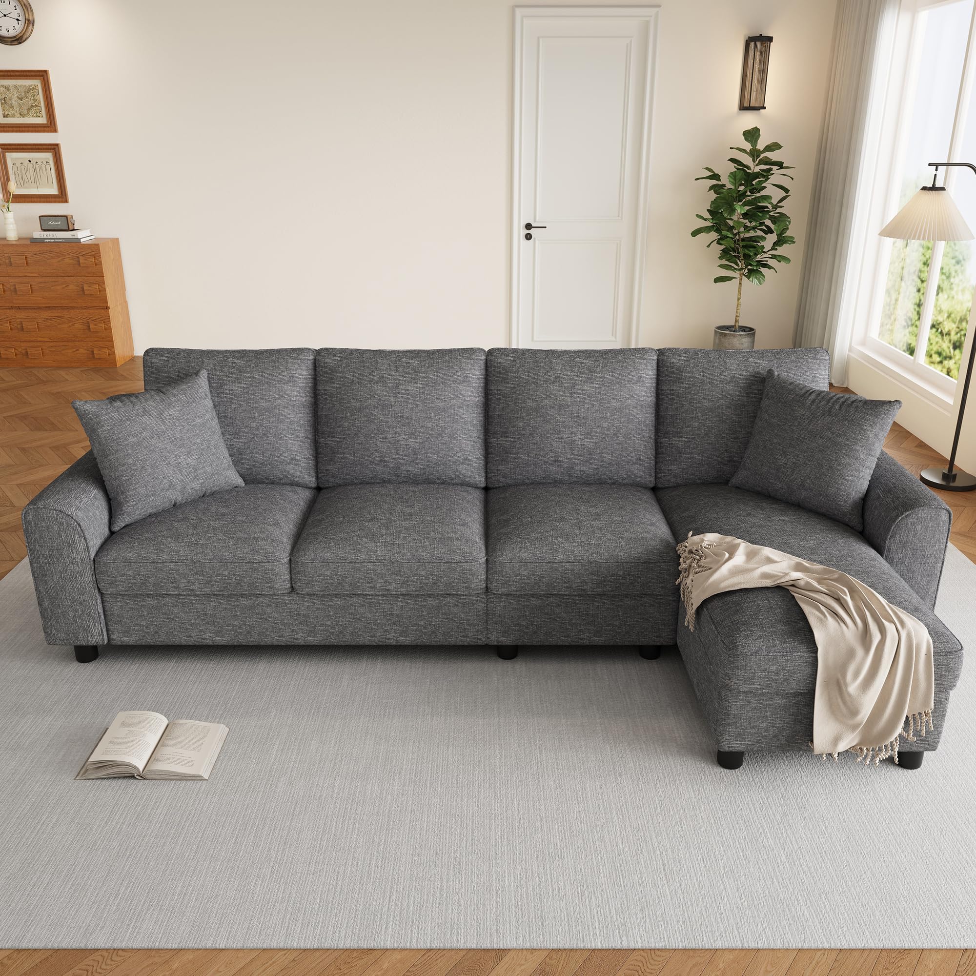 Moimhear Moderno sofá de chenilla L, 3 plazas + chaise longue con almacenamiento, respaldo plegable con soporte para bebidas, 280 x 136 x 82 cm (gris)