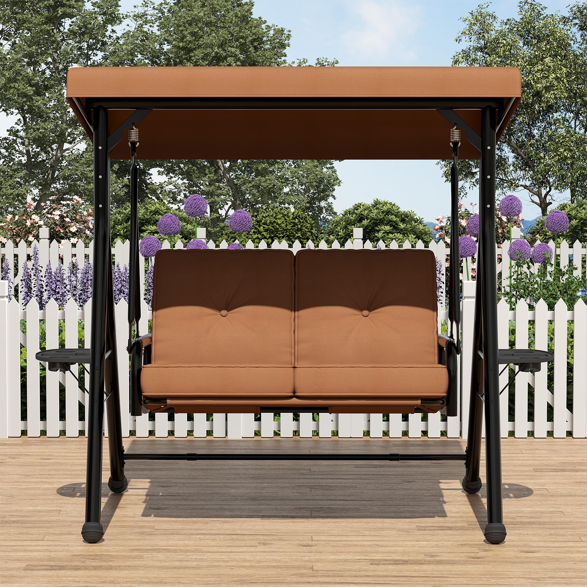 Hollywoodschaukel 2-Sitzer Mit Verstellbarem Sonnendach & Standgestell, Gartenschaukel Mit Abnehmbarem Kissen, Getränkehaltern & Klapptisch, Wasserabweisend Für Terrasse Garten, Bis 280kg, Braun