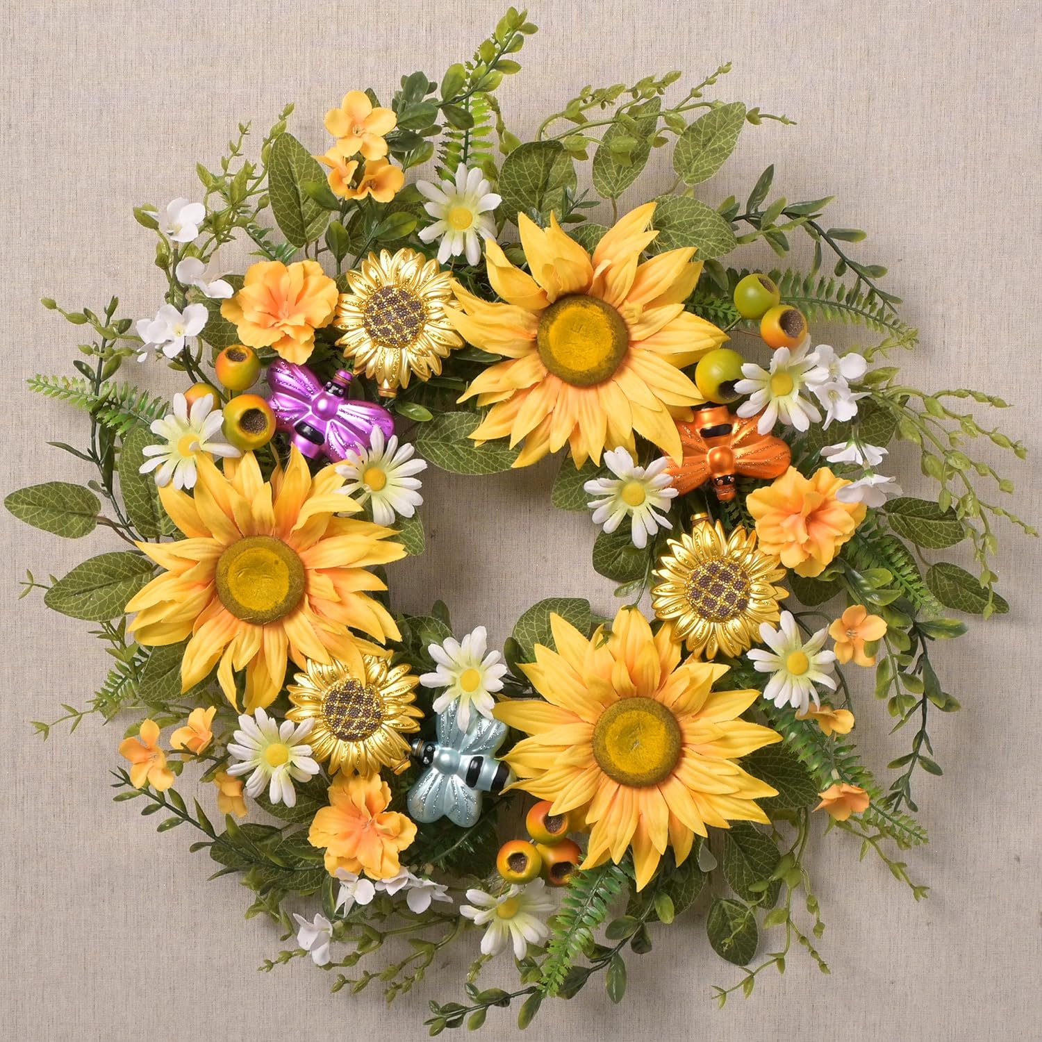 DecorbyHannah 22 Inch Spring Wreaths for Front Door with Artificial Yellow and White Daisy, All Seasons Wreath with Sun Flowers for Indoor and Outdoor Use, Summer Wreaths for Home Decor