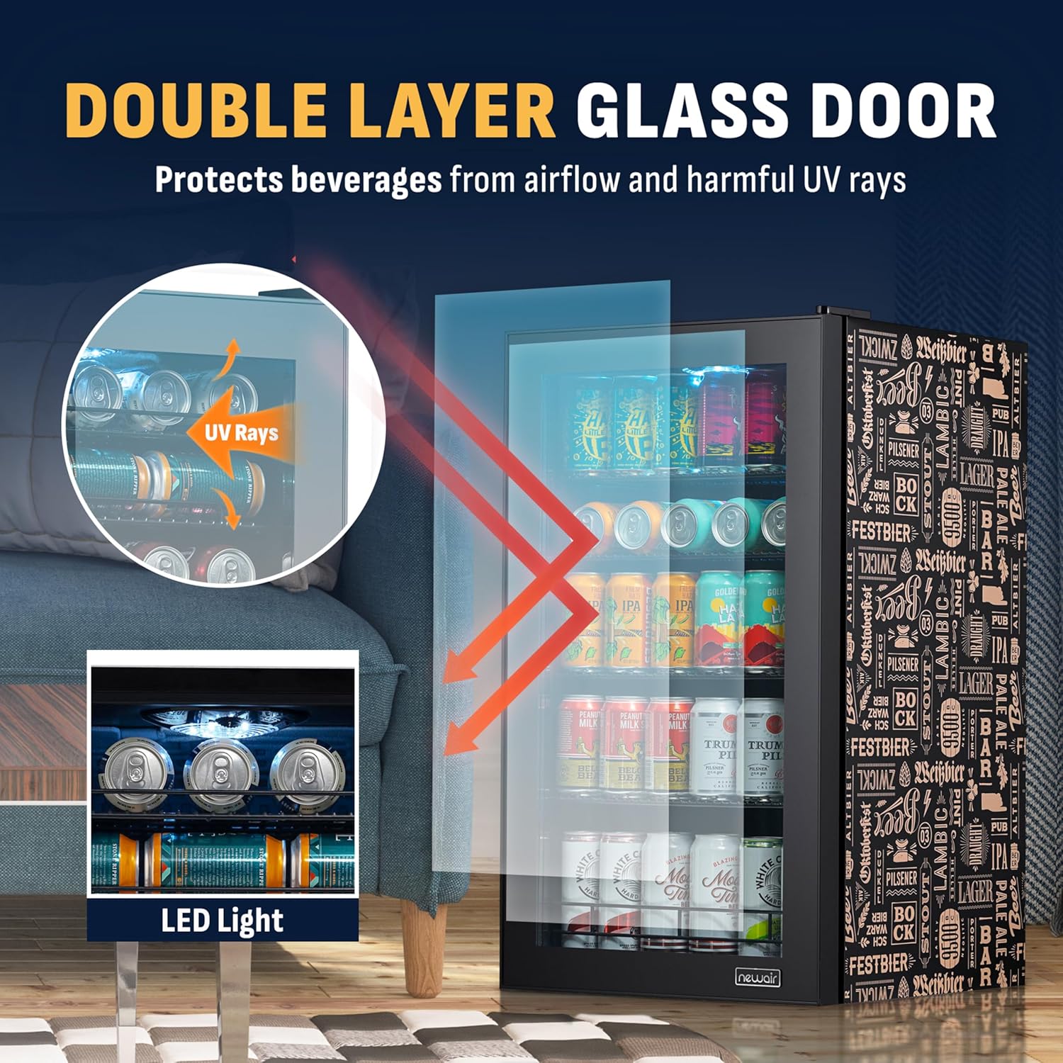 NewAir 126 Can Beverage Refrigerator | Freestanding Mini Fridge for Home Bar or Office | SplitShelf Storage, 32°F Cooling & LED Lighting | “Beers of the World” Design