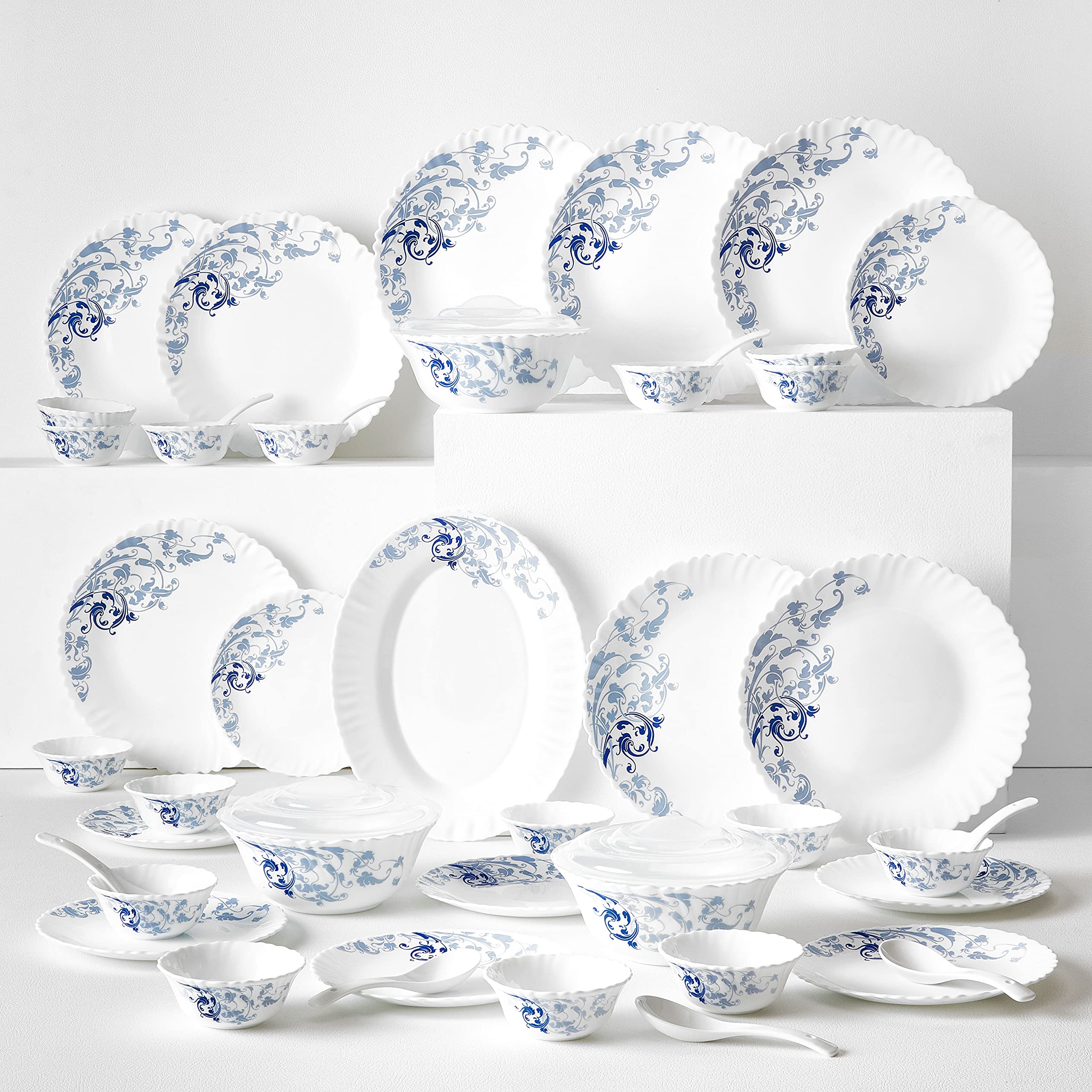 Larah by BOROSIL Blue Eve Silk Series Opalware Dinner Set, 47 Pieces, White & Larah by Borosil Opalware Classic Cup and Saucer Set, 145ml, 12-Pieces, White, HT12CS14CSC1, HT12CS14CSC1 2