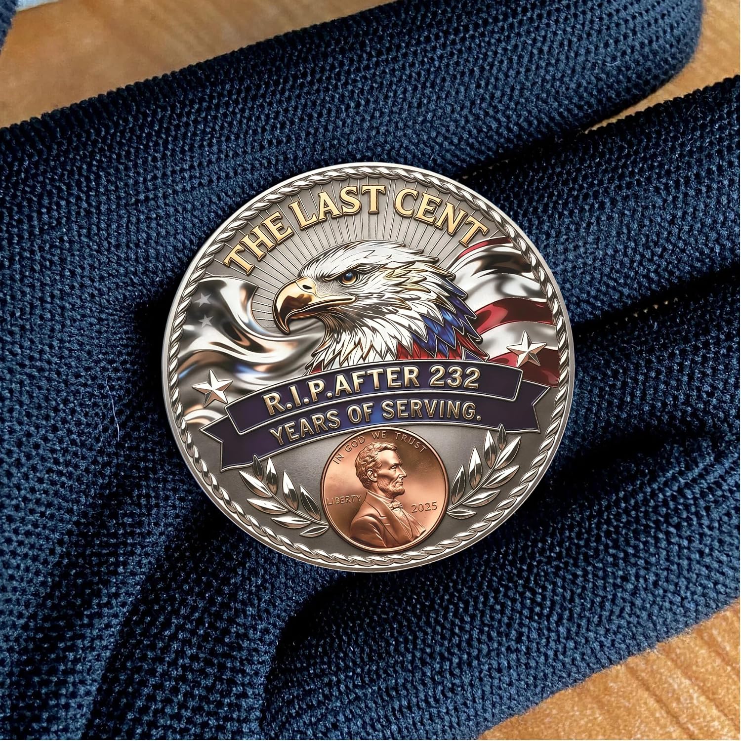 The Last Cent Commemorative Coin, R.I.P. The Final Penny 1793-2025 Challenge Coin with American Eagle & US Flag, Double-Sided Patriotic Collectible Memorabilia Gift for Coin Collectors image 4