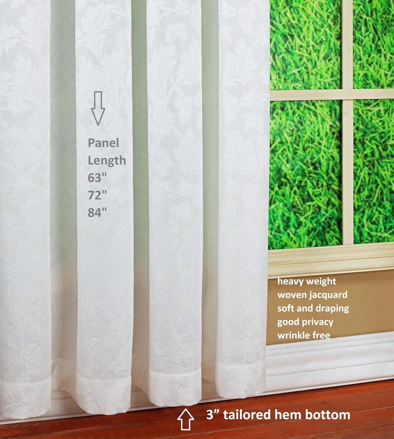 Today's Curtain, Flora Leaf Jacquard Panel 63", White, 52" W x 63" L