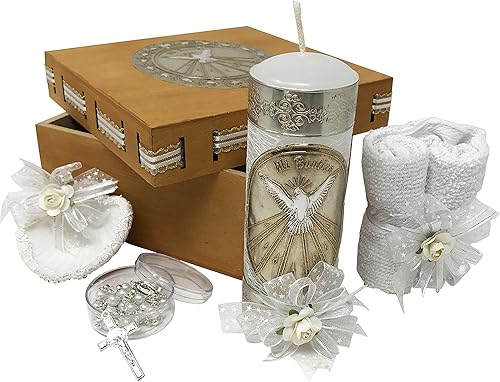 Arcangeles Mexicanos - Juego de velas católicas de bautismo en caja de madera con toalla, vela, rosario y concha para bebés niños y niñas. Hecho a
