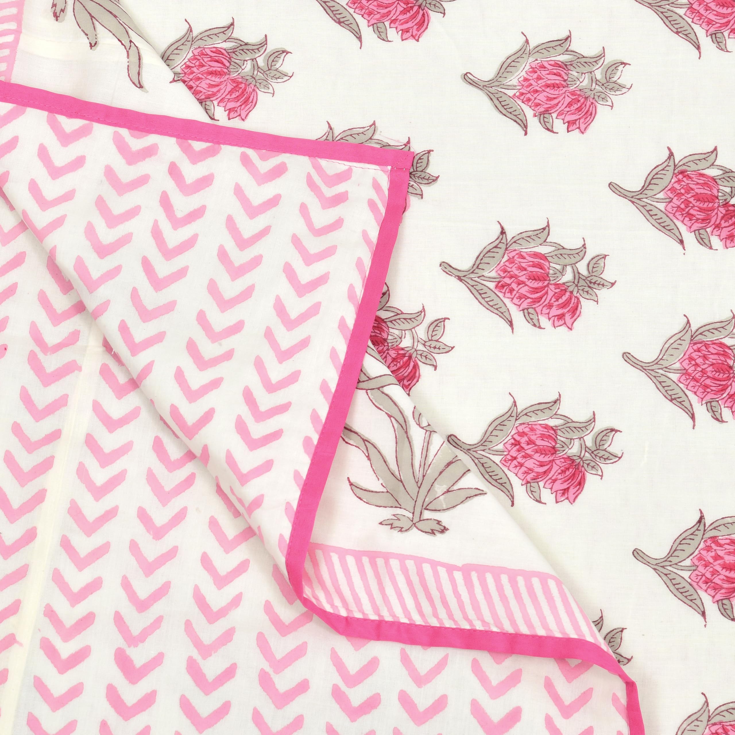Hand Block Printed Cotton Dohar Blanket - Pink Rose -5 Hand Block Printed Cotton Dohar Blanket - Pink Rose -5