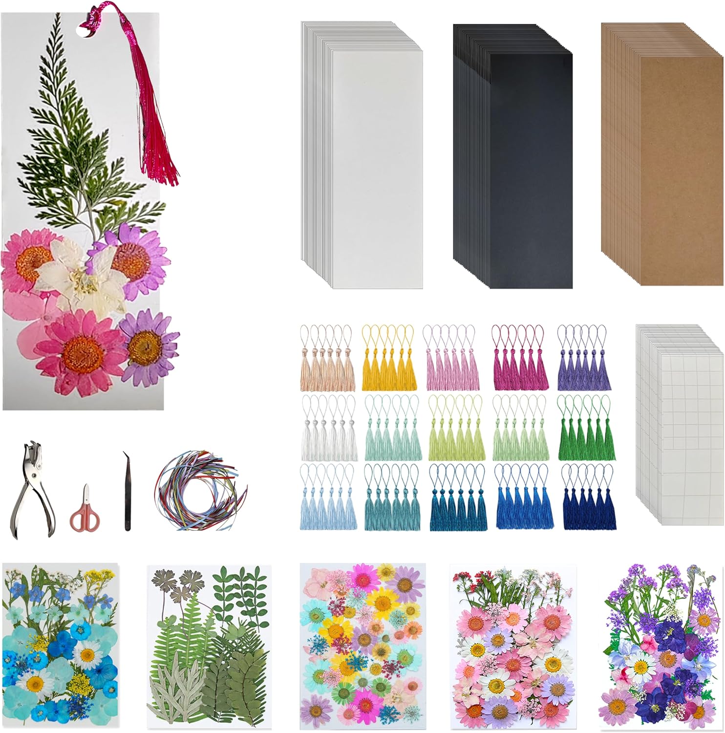 90 pcs Blank Paper Bookmark Making Kit with Flowers Tassels Ribbons
