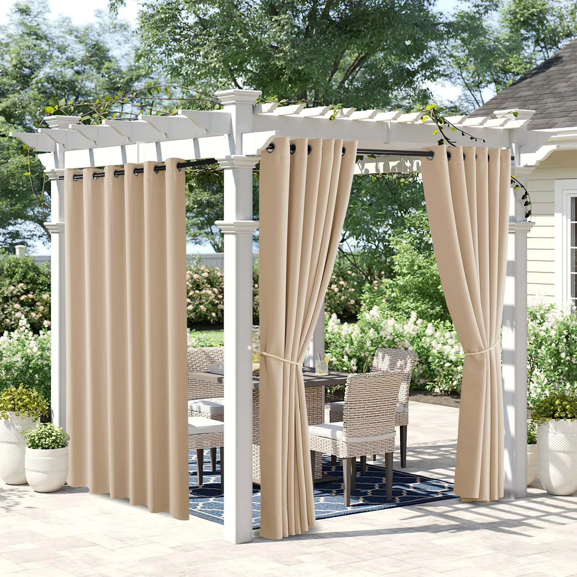 NICETOWN 2 Panels Biscotti Beige Outdoor Curtains for Patio Waterproof, Rustproof Grommet Room Darkening Light Blocking Privacy Sound Reducing Outdoor Drapes for Pavilion/Gazebo, W84 x L84