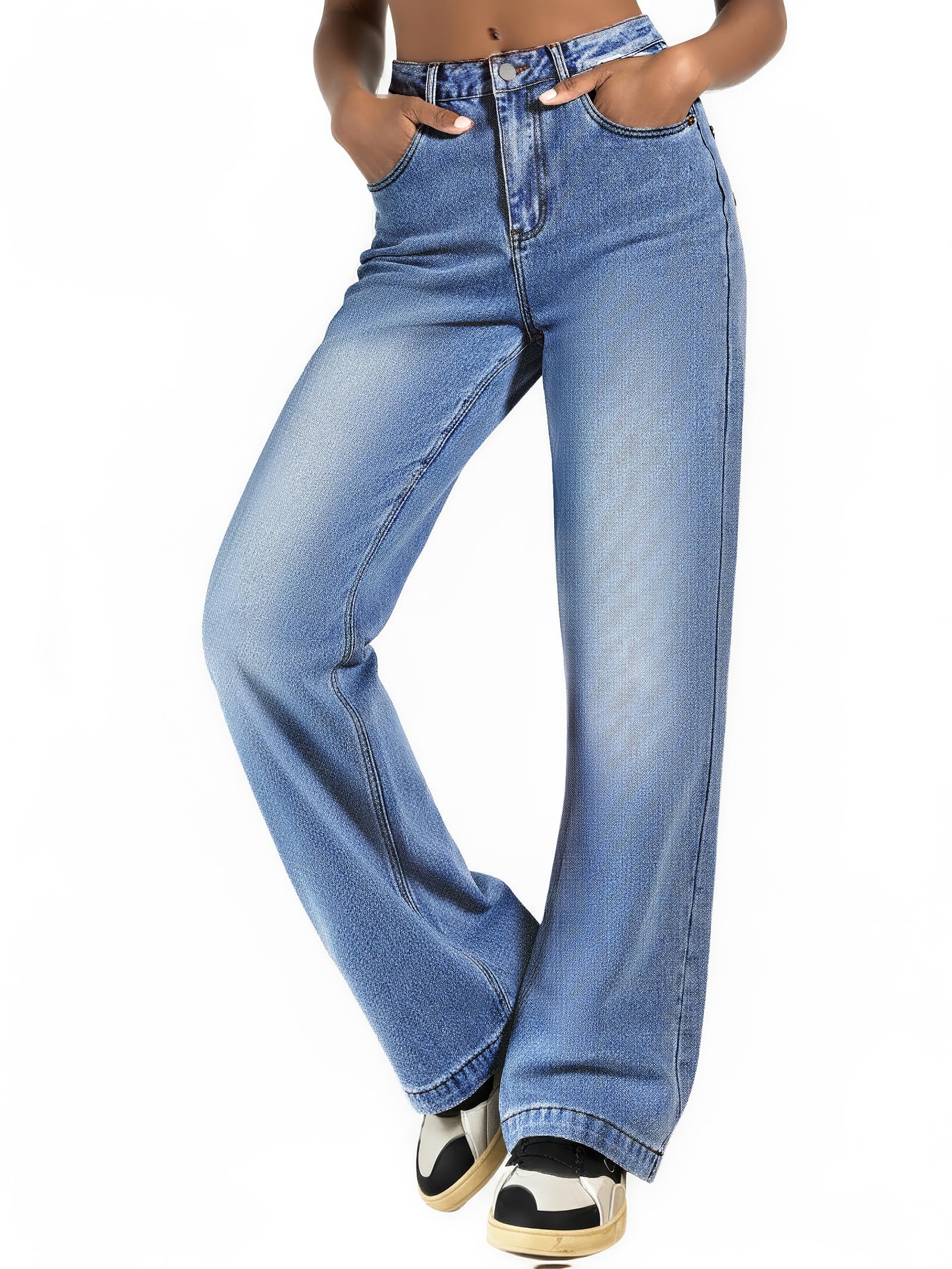 EMMIOL Baggy Jeans for Women Mid-Low Waist Streetwear Jeans Vintage Wide Leg Straight Denim Pants Womens Casual Trousers