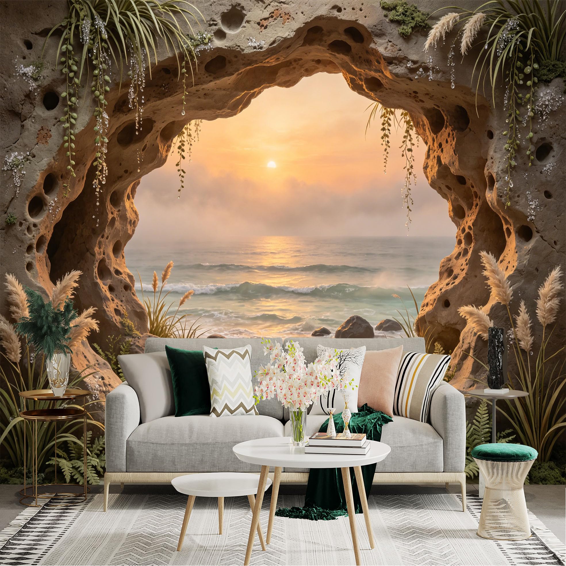 Custom Size Wall Sticker Mural， Coastal Cave View with Sunset Ocean Waves and Lush Greenery， for wall Decoration， peelandstick wall Decals.