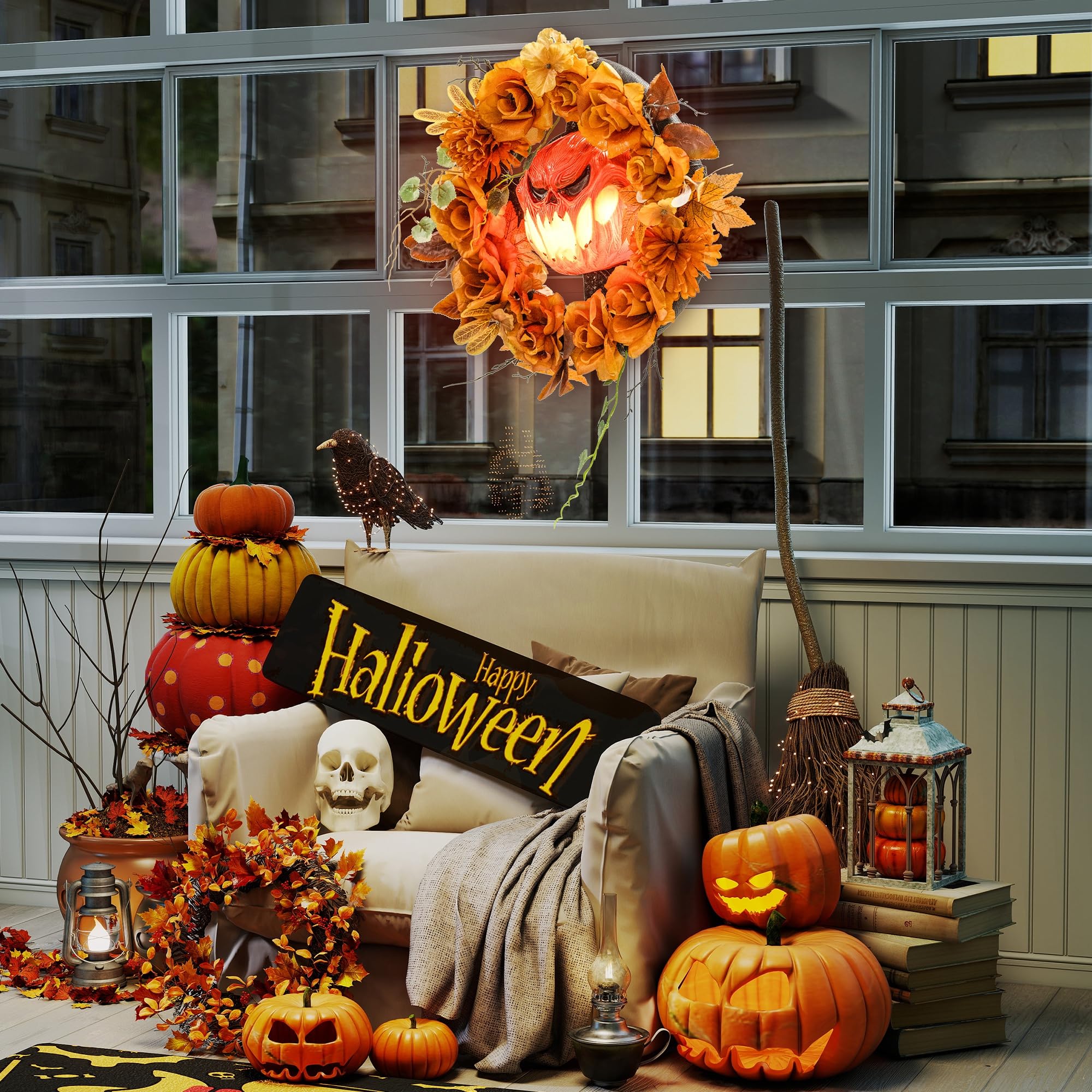 Outsunny Wiszący dyniowy wieniec z 44 diodami LED na drzwi i ogród | Dekoracja Halloween, Efekt płomienia, Straszna twarz dyni, Kwiaty, na imprezę