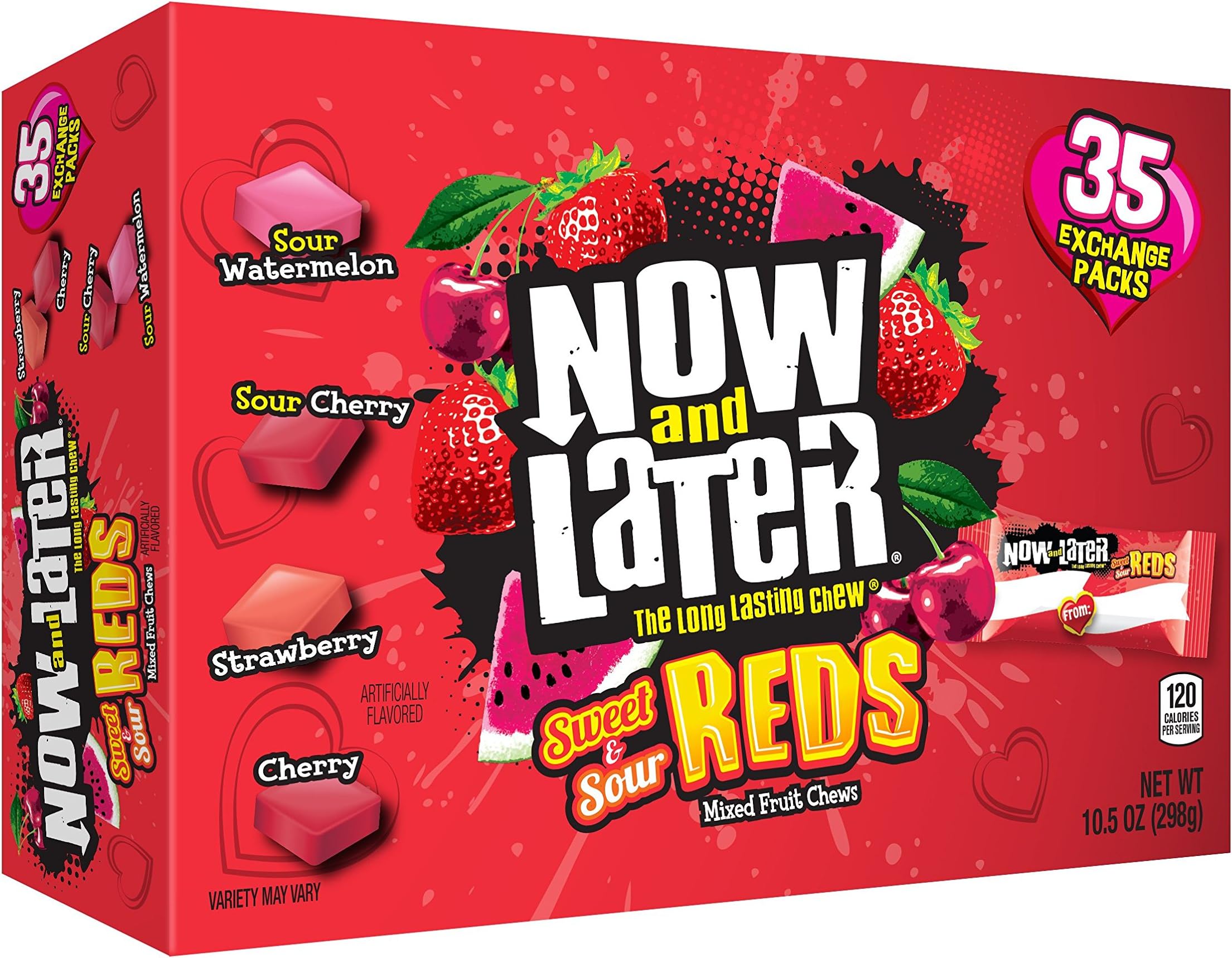 Now & later 35 Count Sweet & Sour Reds Mixed Fruit Chews Exchange Packs, Sour Watermelon/Cherry/Sweet Cherry/Strawberry, 10.5 Ounce