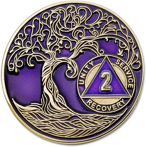 Miniatura 34 de Medallón/Ficha/Ficha de Recuperación AA Sobriety Mint de 2 Años, Árbol de la Vida Retorcido, Dorado - Negro