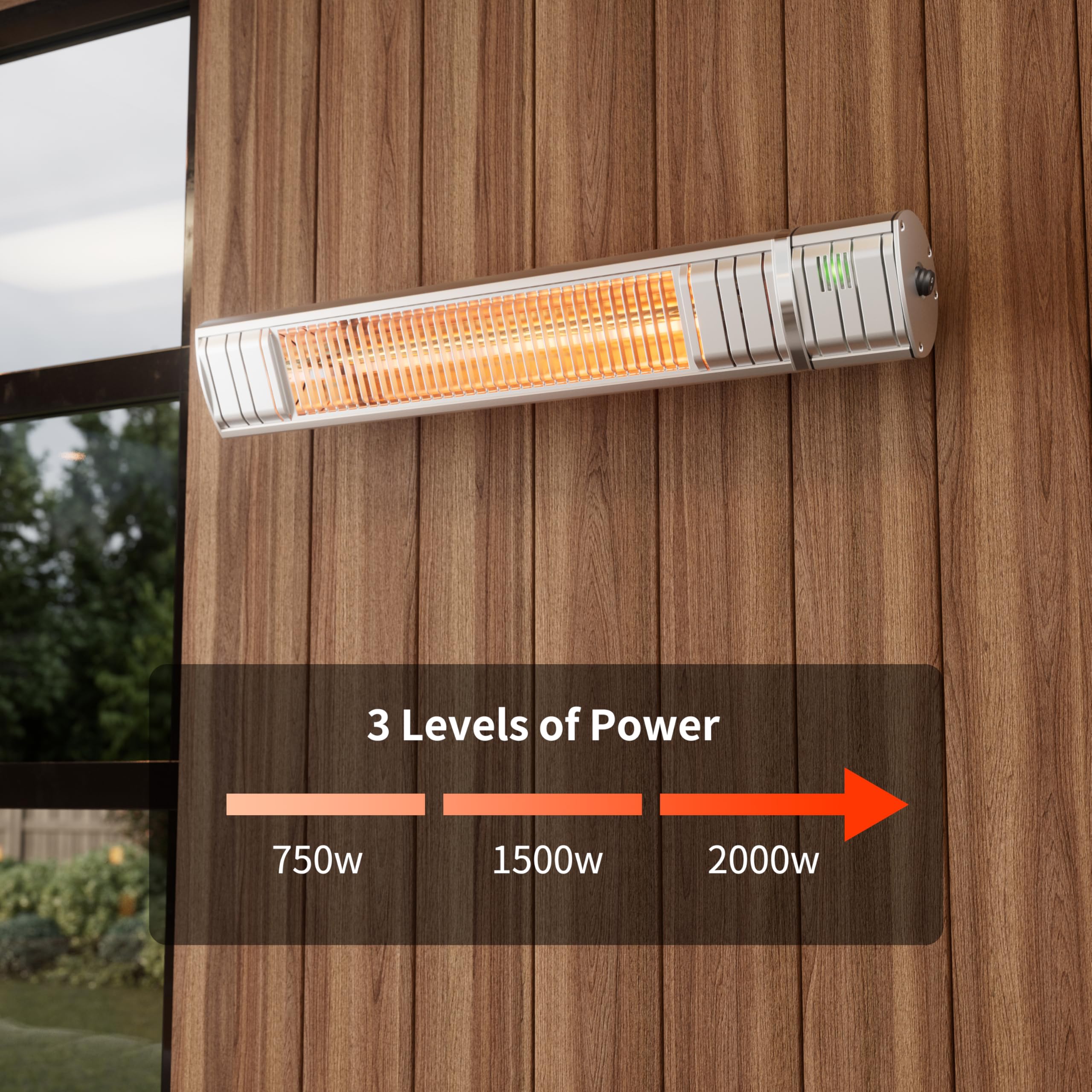 Heizstrahler Terrasse, Infrarotstrahler 2000W, Elektrisch Wärmestrahler mit 3 Heizstufen, Wandmontage, IP65 Wasserdicht, Infrarot Terrassenheizer für Garten & Balkon, Silber