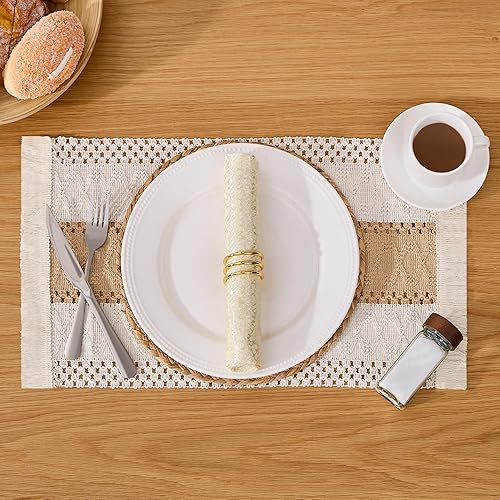 Miniatura 7 de Juego de 6 manteles individuales bohemios hechos a mano, arpillera de algodón natural y paja de agua, tejido de ratán trenzado, combinados, manteles