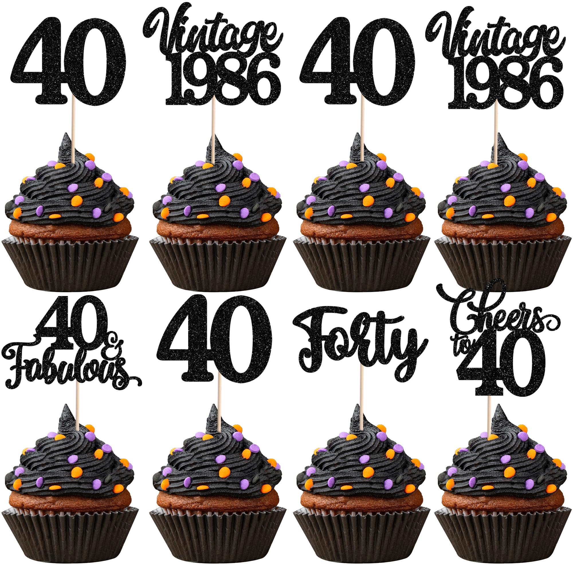 SYKYCTCY 30 Pack Happy 40th Birthday Cupcake Toppers Glitter Forty Vintage 1986 Cupcake Picks Cheers to 40 Fabulous Cake Decorations for 40th Birthday Wedding Anniversary Party Supplies Black โ image 1