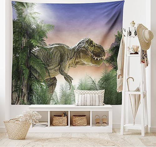 Miniatura 2 de Ambesonne Tapiz jurásico, dinosaurio en la selva, bosque, naturaleza, bosque, violencia depredadora aterradora, colgante de pared ancho para
